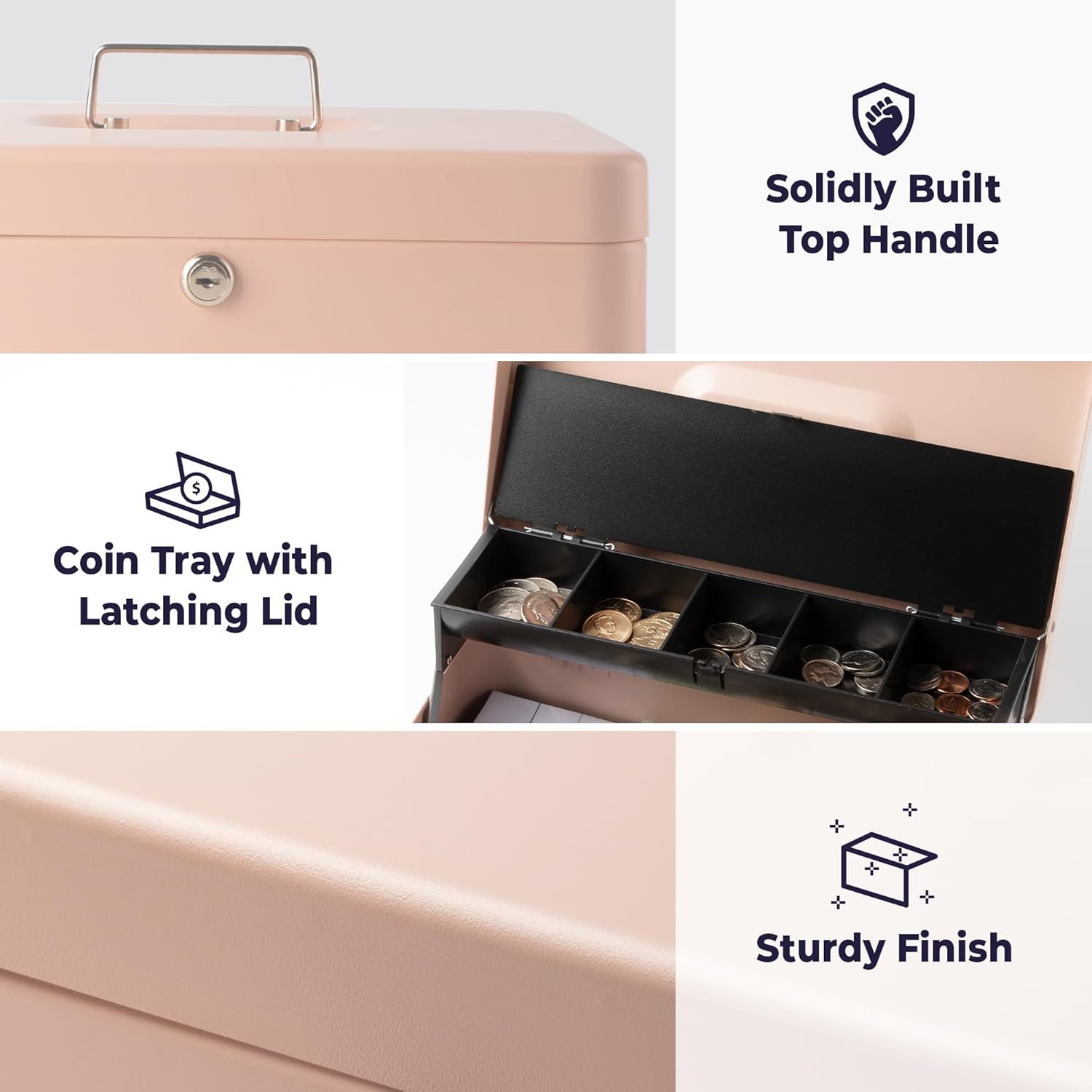 Volcora Large Cash Box with Key Lock, Metal Money Box for Cash, Portable Locking Safe Box with Money Tray, Durable Money Saving Organizer for Yard Sale, Garage Sale, Small Business, Rose Gold