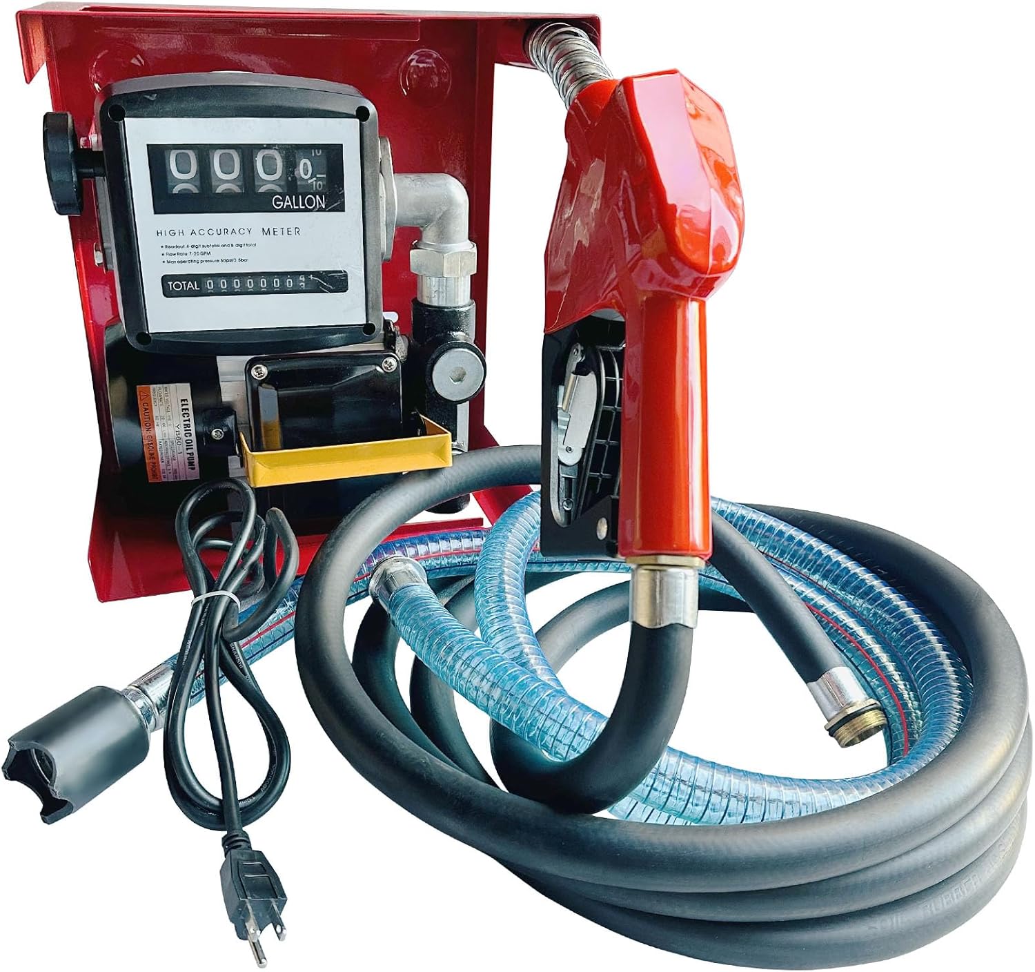 Electric Diesel Transfer Pump Kit - 110V, 550W, 16 GPM Electric Fuel Transfer Pump With Automatic Nozzle, Mechanical Fuel Meter, 13 Feet Dispensing Hose and 6.6 Feet Suction Hose