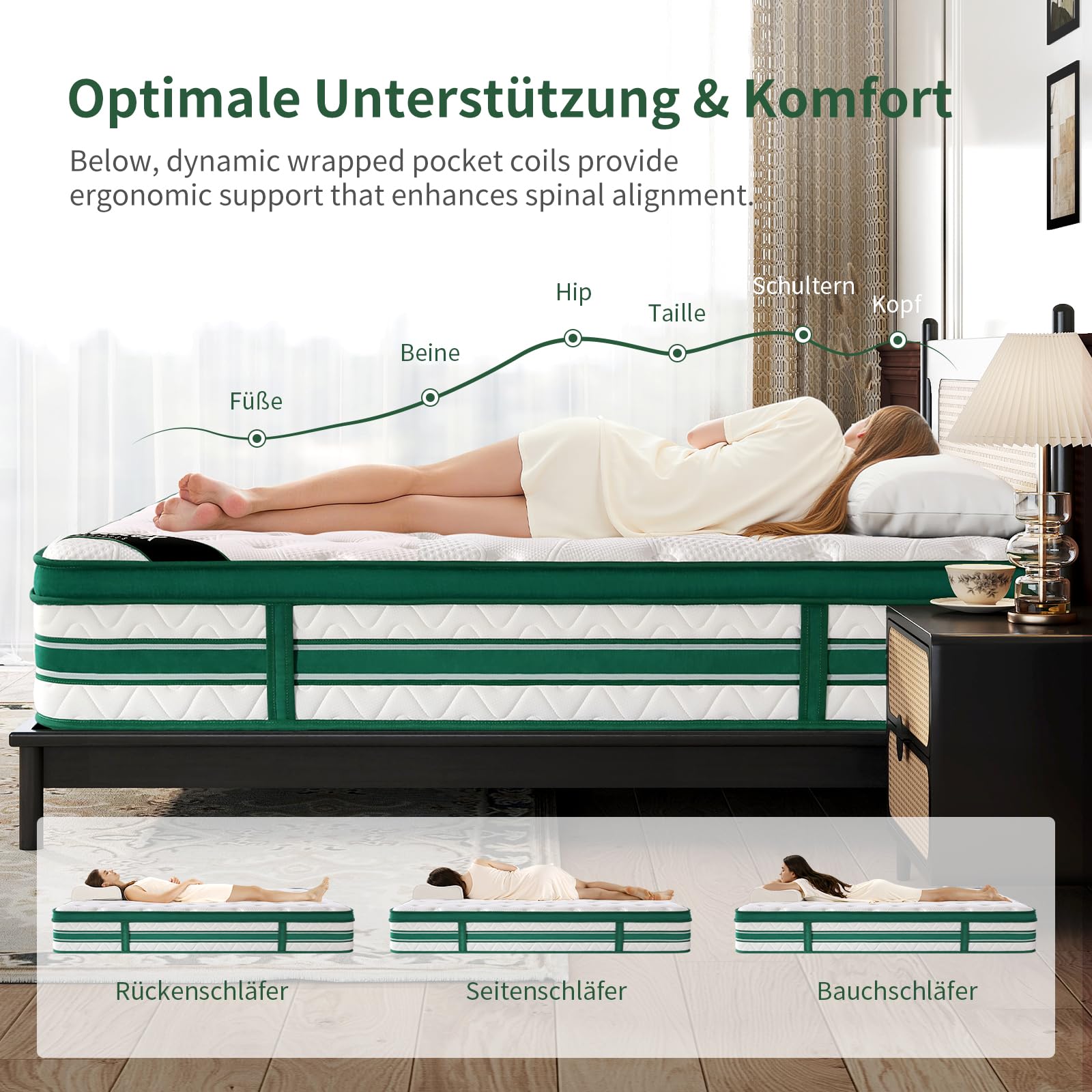 Queblox Matratze, HöheTaschenfederkernmatratze, Härtegrad H3, Öko-Tex Zertifiziert, ergonomische 7 Zonen Matratze, für Erwachsene (28cm, 90x200x28cm)