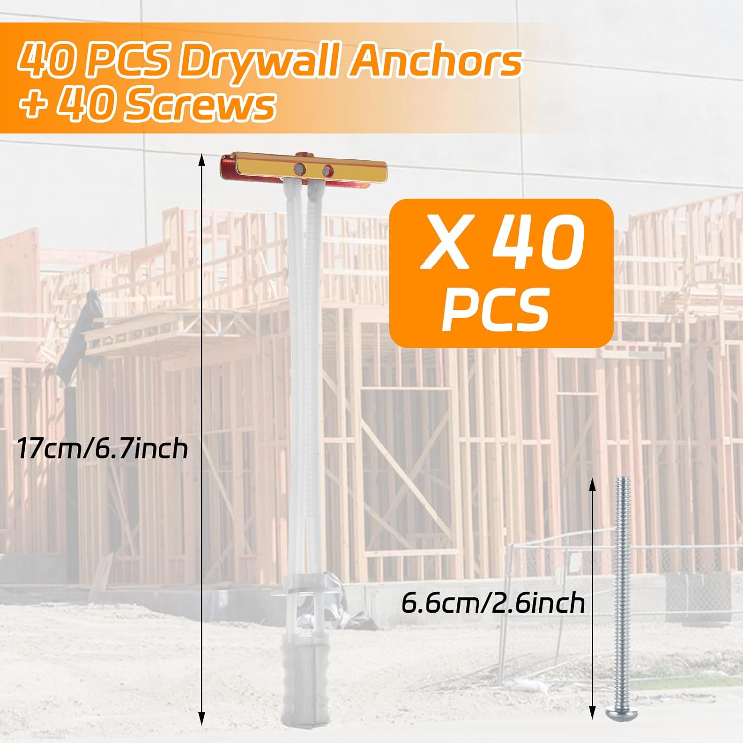 40pcs Wall Anchors, 6.7inch Hollow Anchor with 3/16"-24 Bolt, Snap Toggle Drywall Anchors for Drywall Heavy Duty, Tv Mounting Kit, Holds Up to 240 Lbs