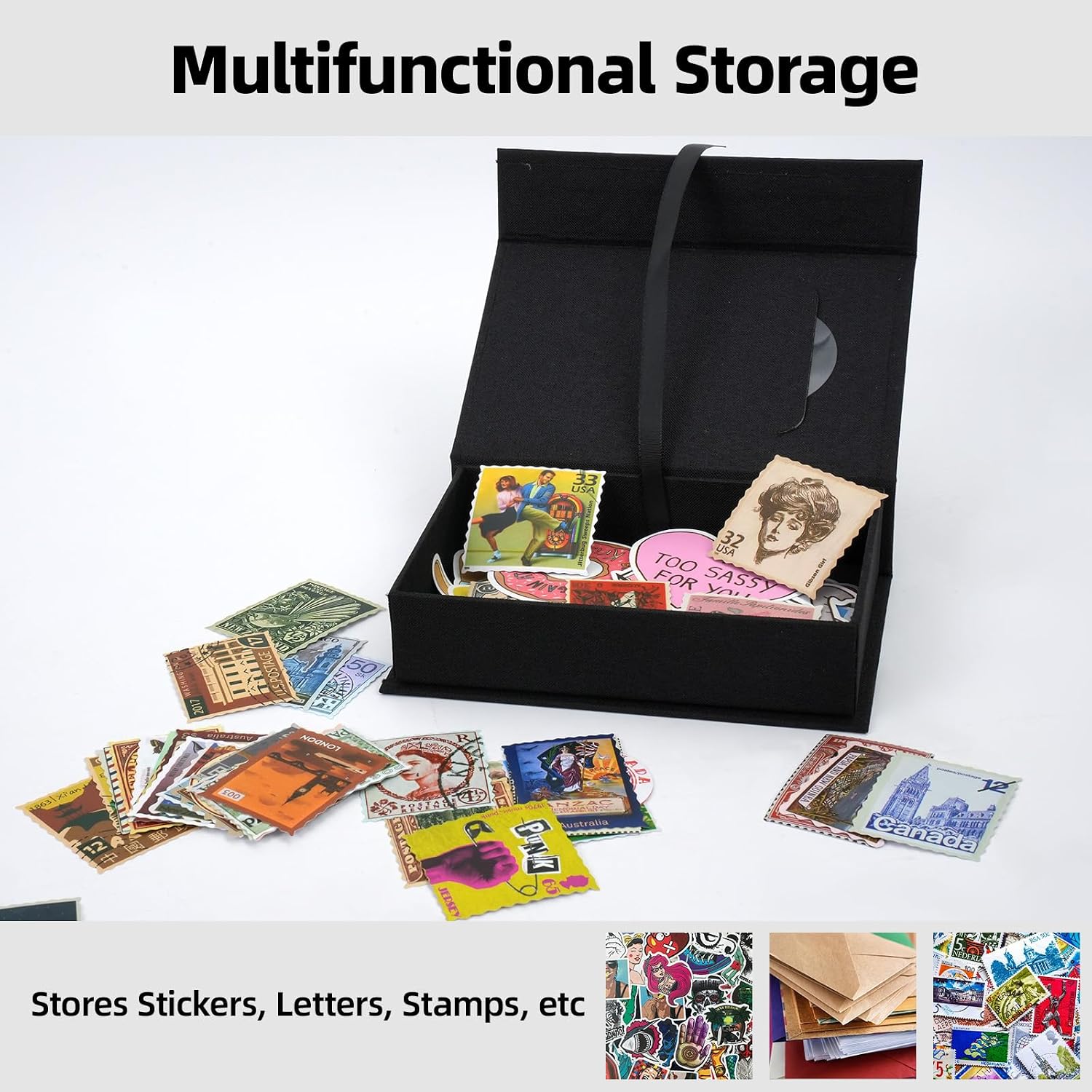Linen Photo Storage Box, 5 x 7 Inch Memory Keepsake Organizer with Transparent Window, Stylish Photo Box for Storing Pictures, Keepsakes, Postcards, Scrapbooking Supplies, Black