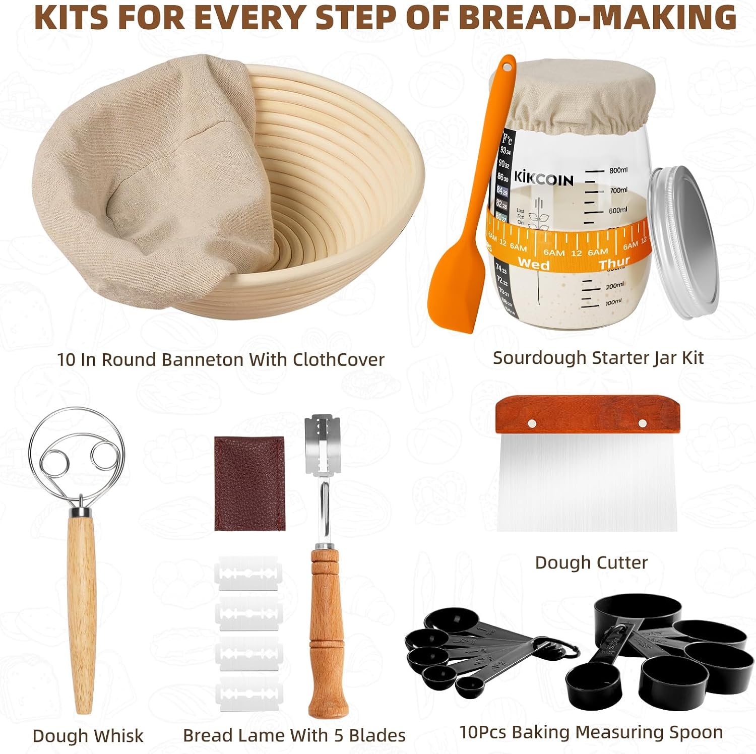 Complete Sourdough Starter Kit, Kikcoin 26PCS Banneton Bread Proofing Basket Set Includes 35oz Sourdough Starter Jar, Sourdough Bread Baking Supplies with Bread Lame, Danish Whisk, Dough Scraper