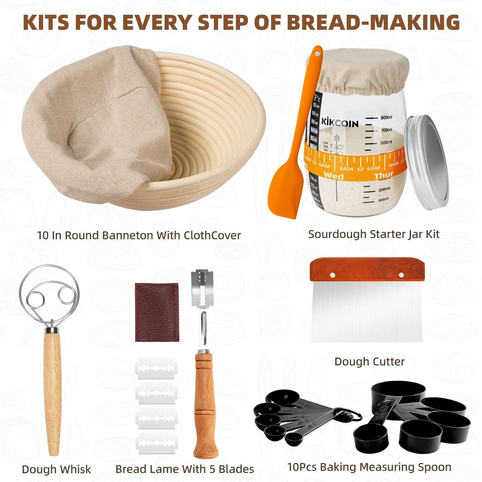 Kit completo Sourdough Starter Kit, il set di panini per la preparazione del pane, il set include barattoli di avviamento Sourdough da 35 g, forniture per pane, pane, frusta danese, raschietto per