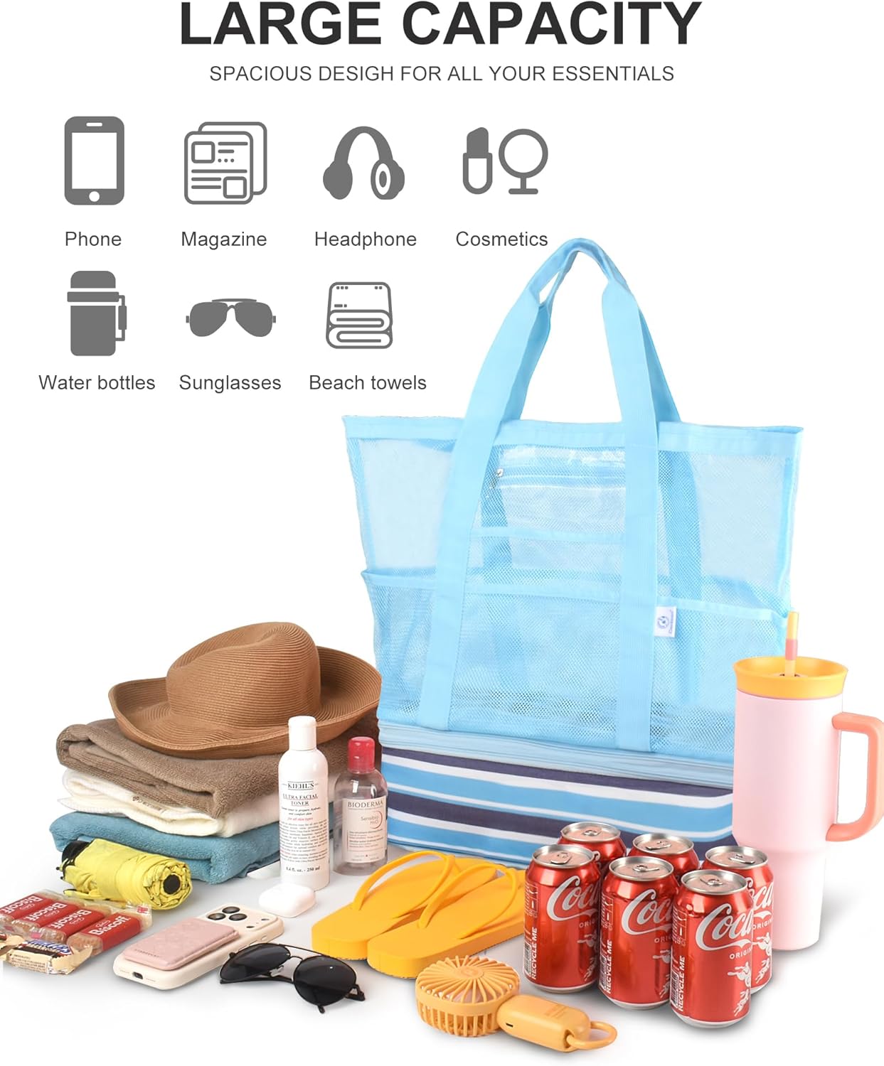 Genteen Beach Bag for Women, Mesh Tote Bags with Zipper, Sandproof Vacation Essentials with Cooler for Swim Cruise Pool