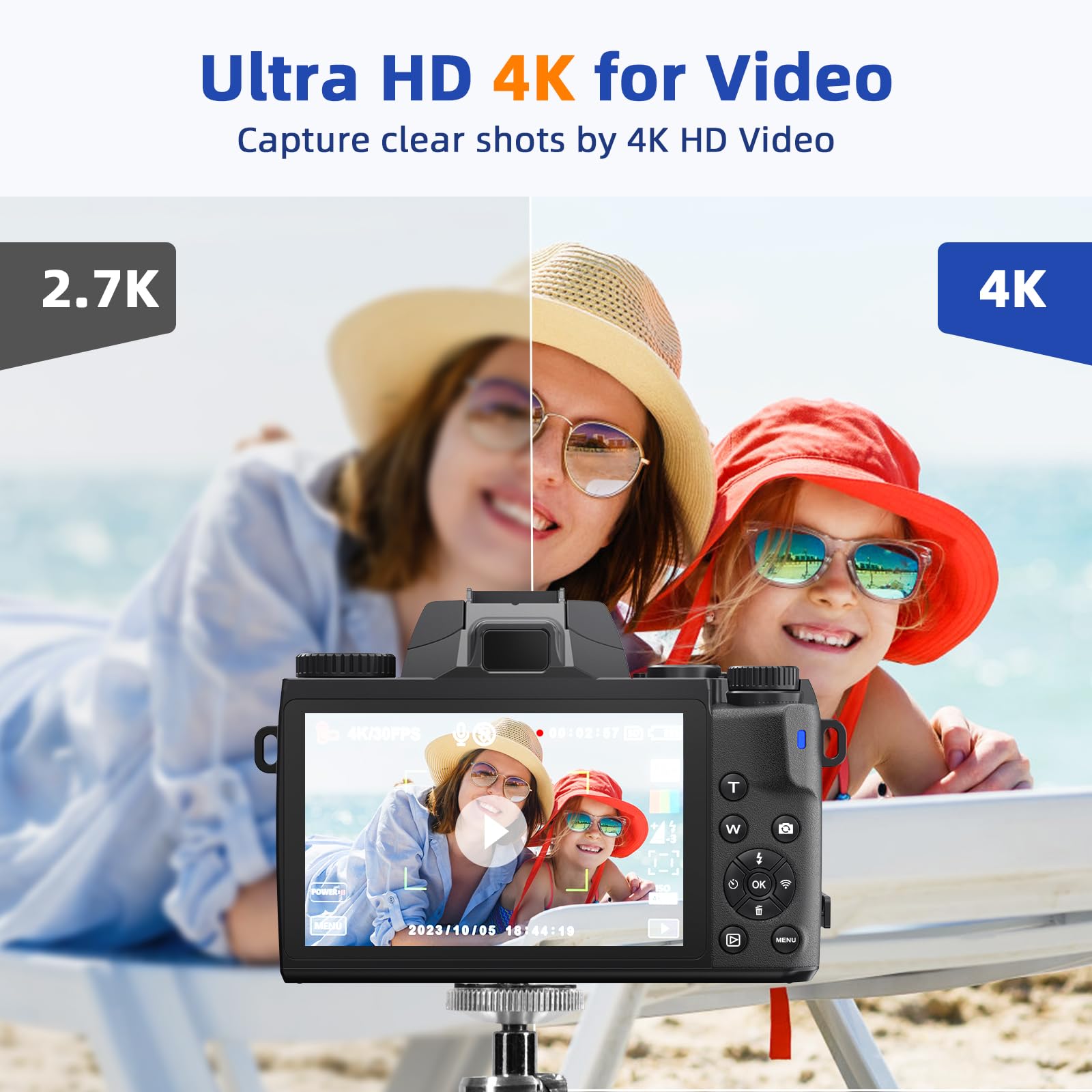 Cámara Digital 4K, CCN 64MP Cámara de Fotos con Pantalla táctil de 3.0 ", 16X Zoom Digital Cámara compacta con función WiFi, con Bolsa de cámara, Capucha, 32GB TF Card, Negro