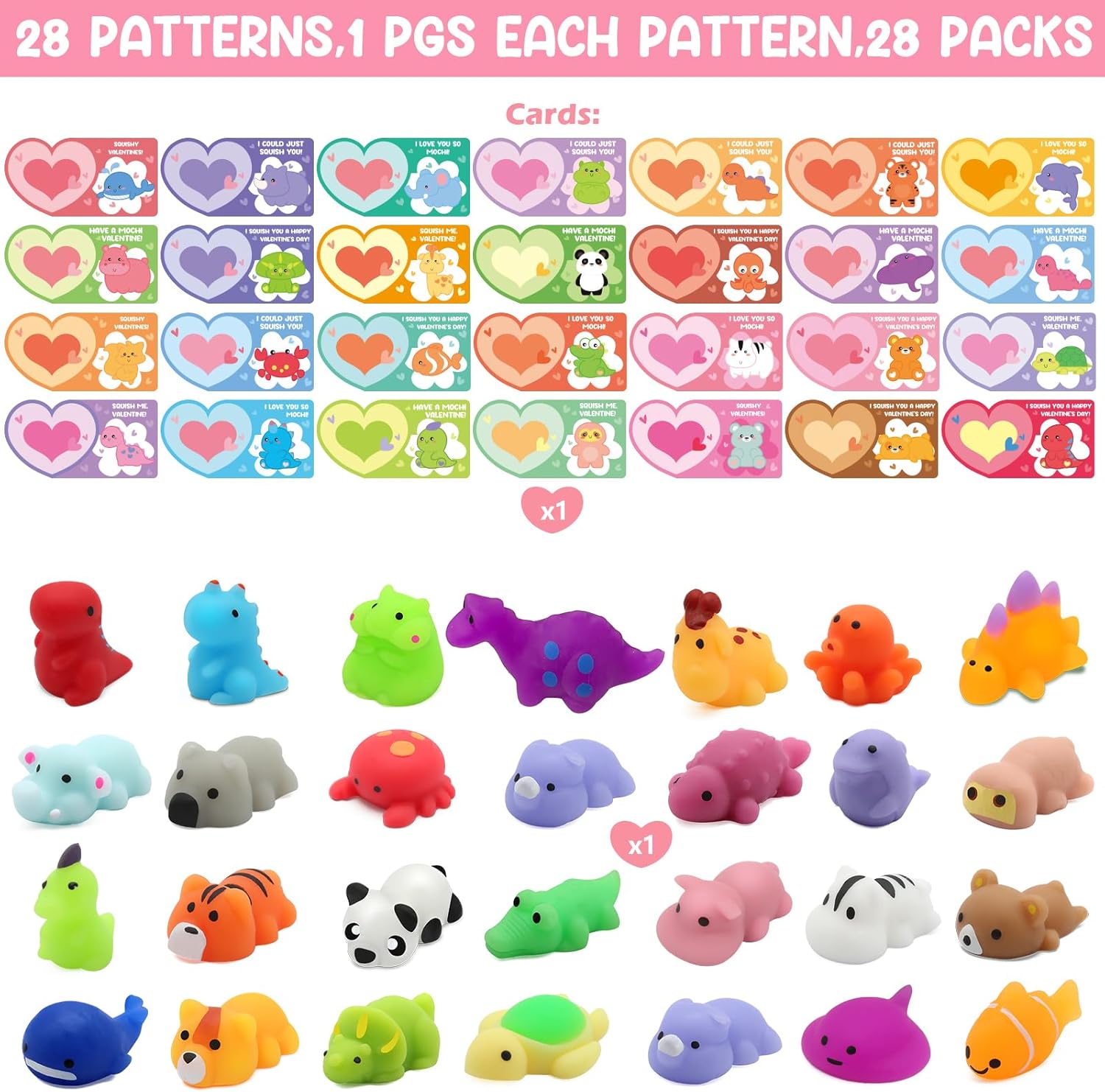 LEASEN 28 Pack Valentines Day Gifts for Kids, Mochi Squishies Party Favor Set with Valentines Animal Greeting Cards for Kids, Valentine's Day Classroom Exchange Gifts Set, School Prizes Party Favor