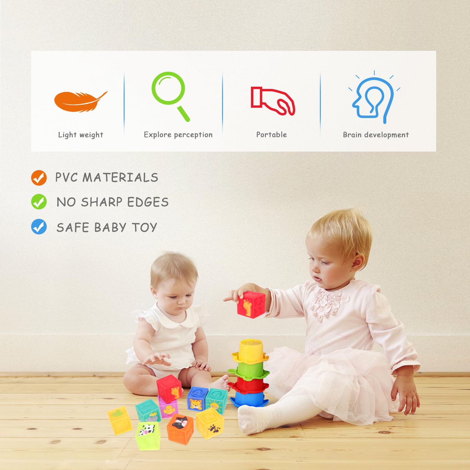 Blocs pour Bébé 9 Pièces en Pvc, Jouet D'éveil pour Garçon et Filles