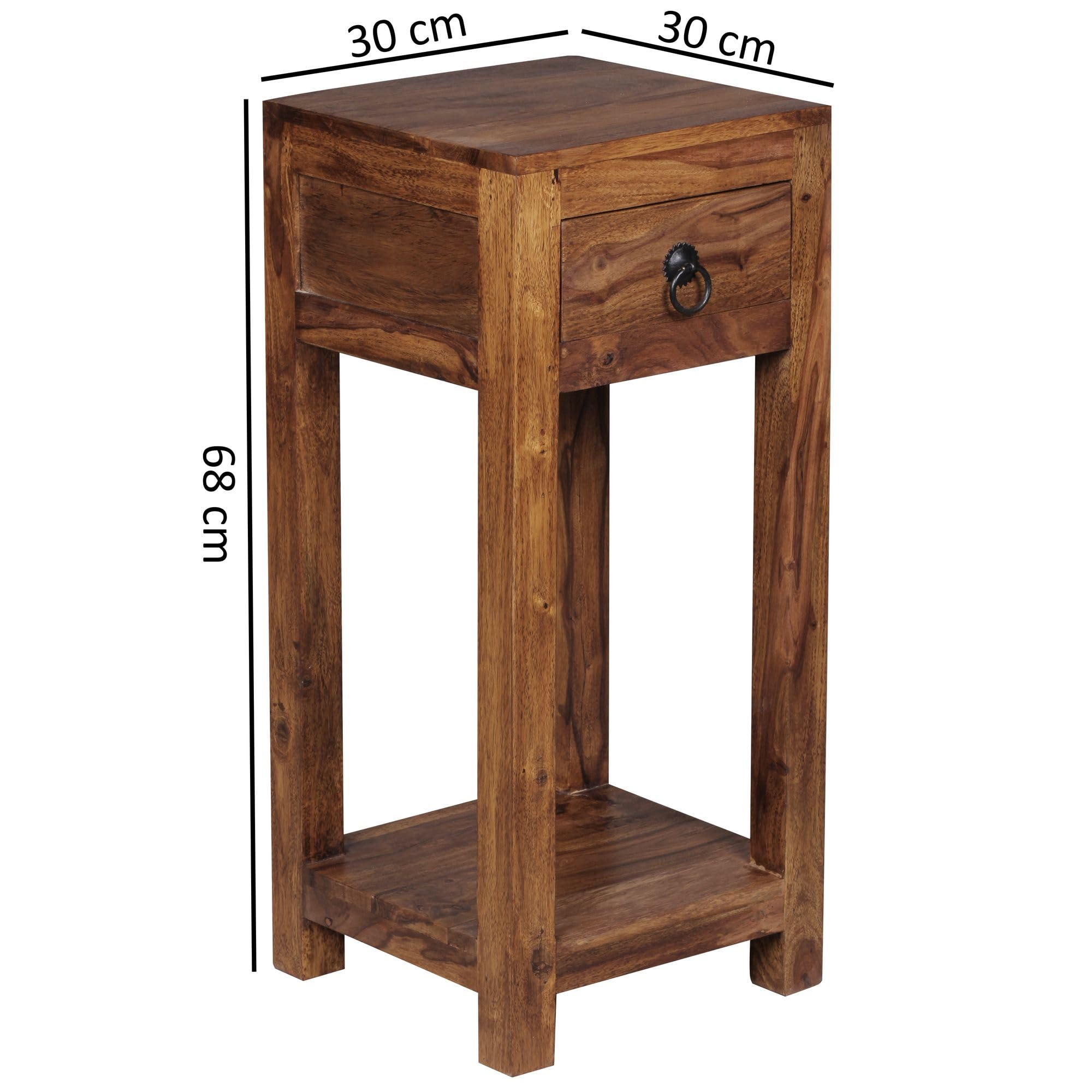 FineBuy Mesa Auxiliar con Cajón 30x30x68 cm Madera Maciza de Sheesham y Metal | Mesa Lateral Cuadrada para Salón | Mesita de Teléfono Pequeña para Sofá | Mesa de teléfono de madera auténtica, estrecha mesa de salón alta, taburete de flores y mesita de noc