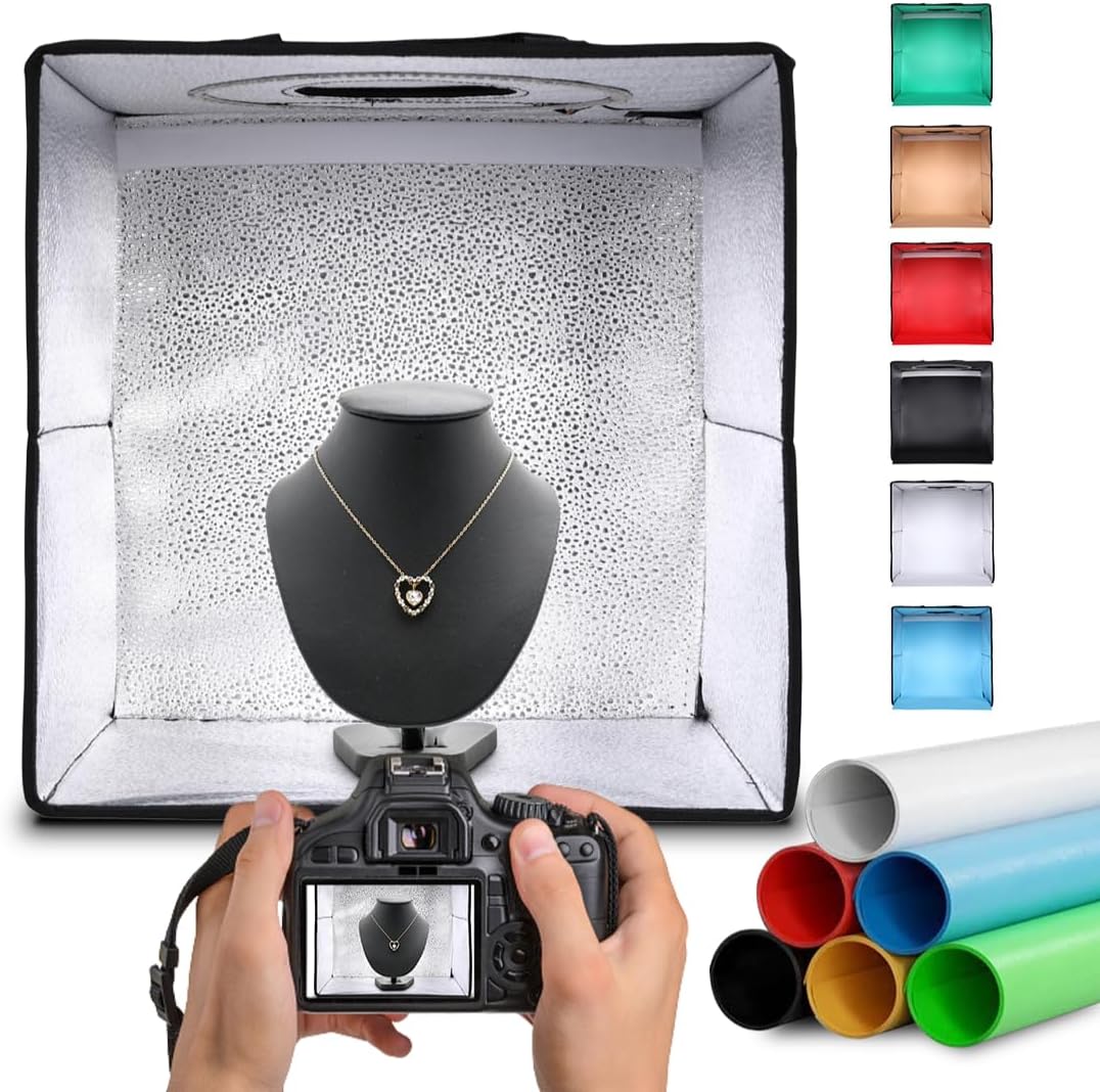 NK Caja de Luz Estudio Fotográfico Plegable (30x30cm) - 3 temperaturas de Luz LED, Brillo Ajustable x10, RA90, Productos pequeños Joyas, Asa para Transporte (6 Fondos de Colores)