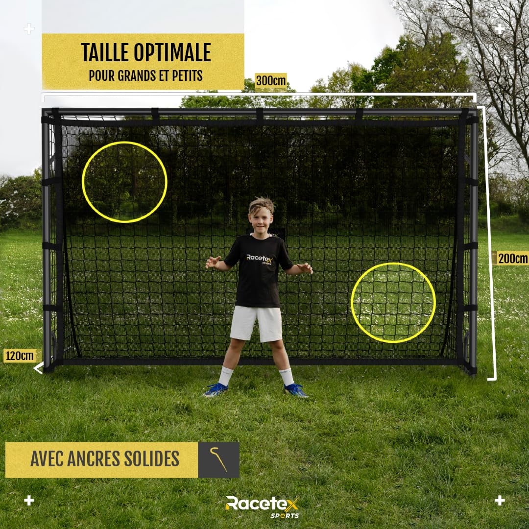 Racetex But de football pour jardin enfants [avec mur de but] – But de football robuste pour enfants et adultes avec cadre en acier à l'avant et filet de football résistant aux intempéries – Le but de