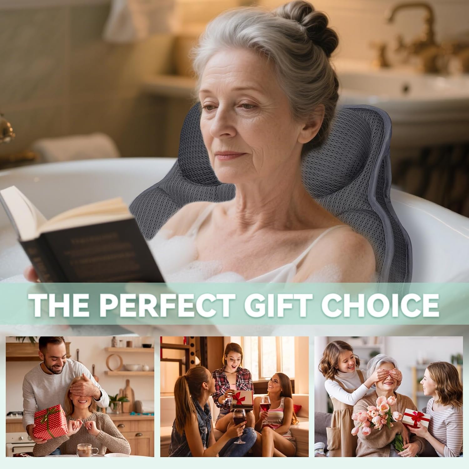 Bath Pillows for Tub - Luxury Bathtub Pillow Neck, Head, Back Support, Soft 4D Mesh Fabric and Non-Slip Suction Cups & Quick Dry, Comfort Fits All Tubs, Relaxation Spa Gift, Grey - Image 7