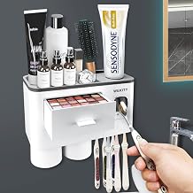 WEKITY Multifunctional Wall-Mounted Toothbrush Holder, Automatic Toothpaste Dispenser Space Saving Toothbrush Organizer , 2 Cups and Drawers Cosmetic Organizer (Grey)