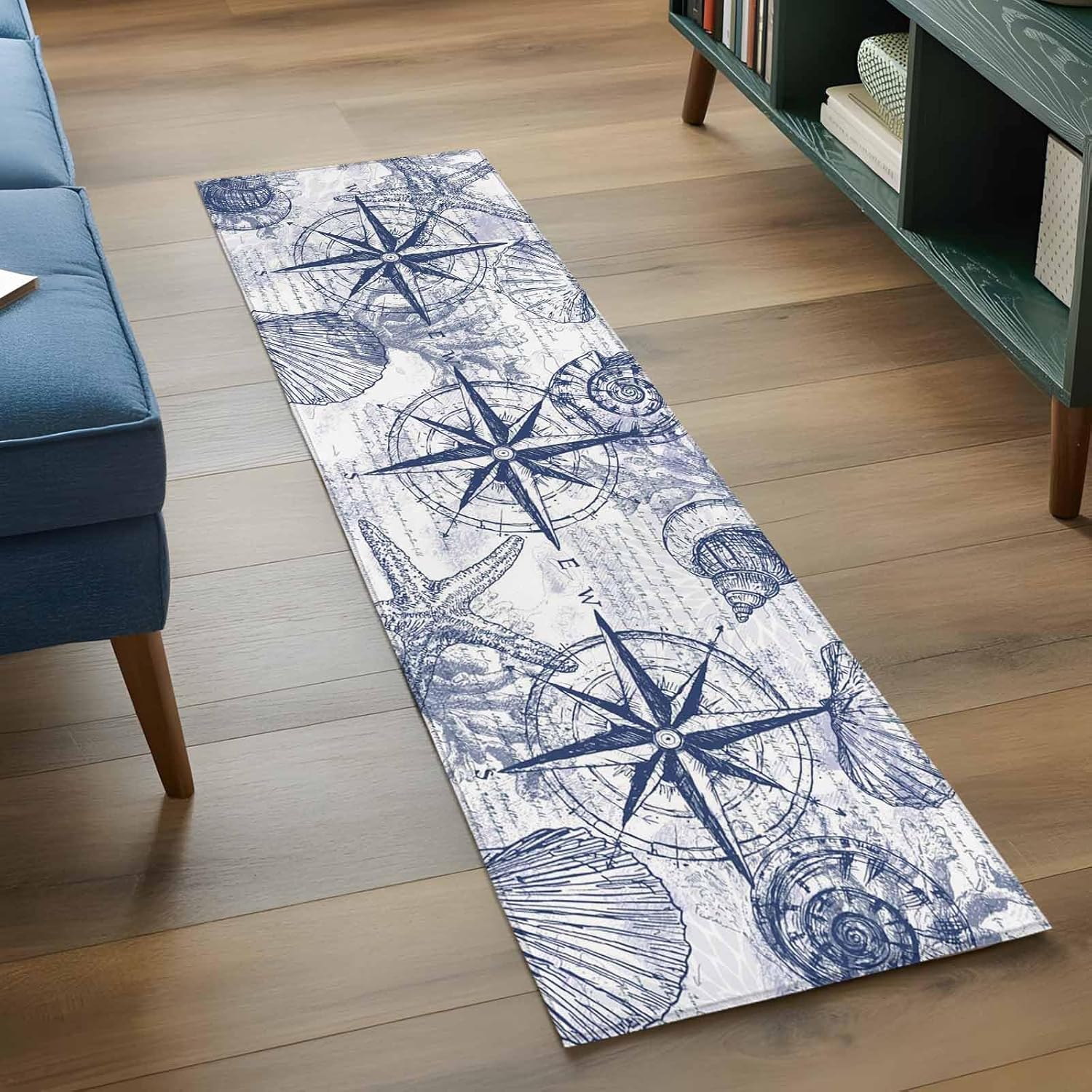 Blue Nautical Compass Runner Rug 2x6 FT,Ocean Coastal Starfish Shells Hallway Rugs,Farmhouse Beach Sea Creatures Floor Carpet Retro Rugs Runner Long Rug for Entryway Kitchen Bedside Sliding Door