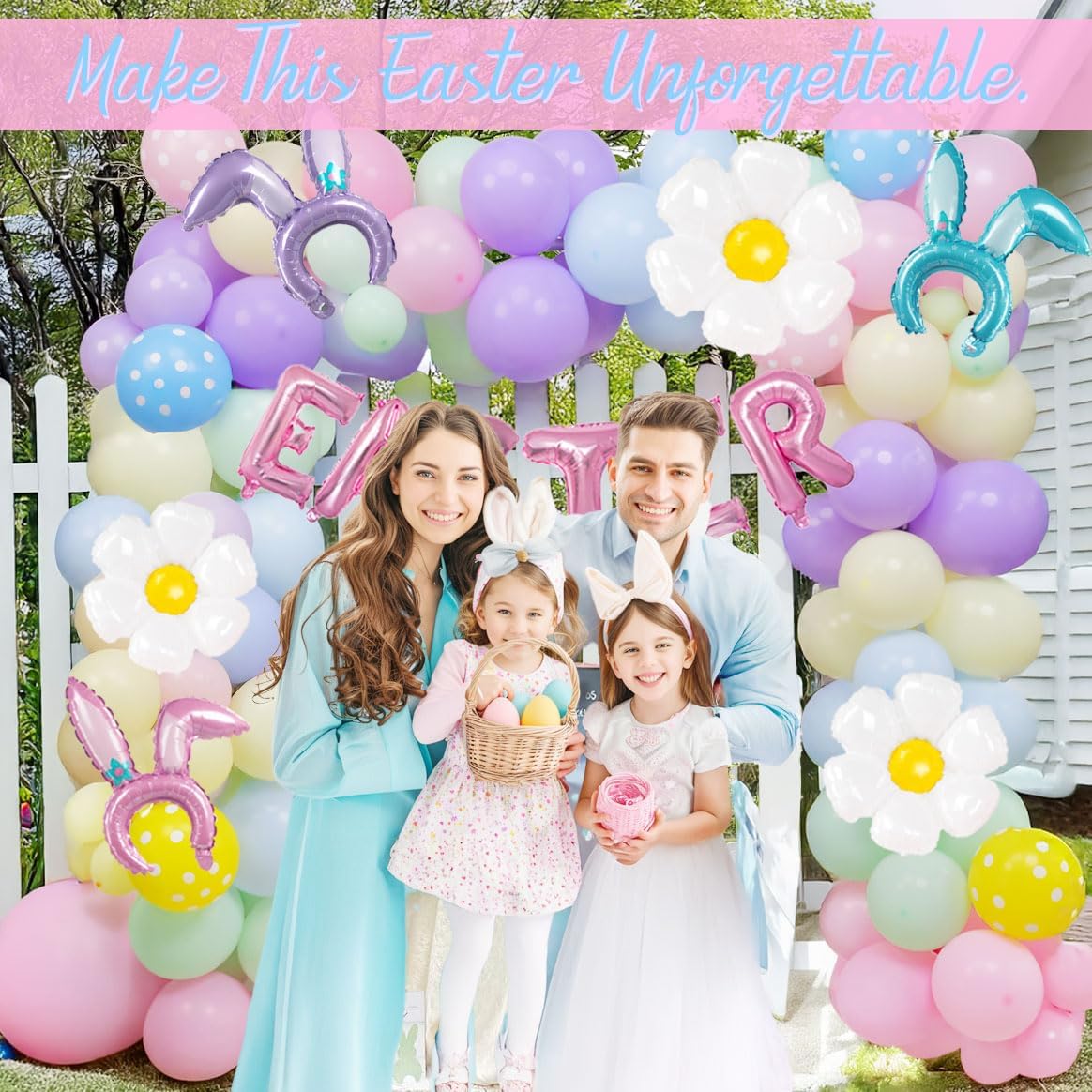 Easter balloon garland arch kit with polka dot Easter daisy bunny carrot head hoop Pastel letter foil balloons for spring big resurrection day he is risen birthday baby shower party decorations