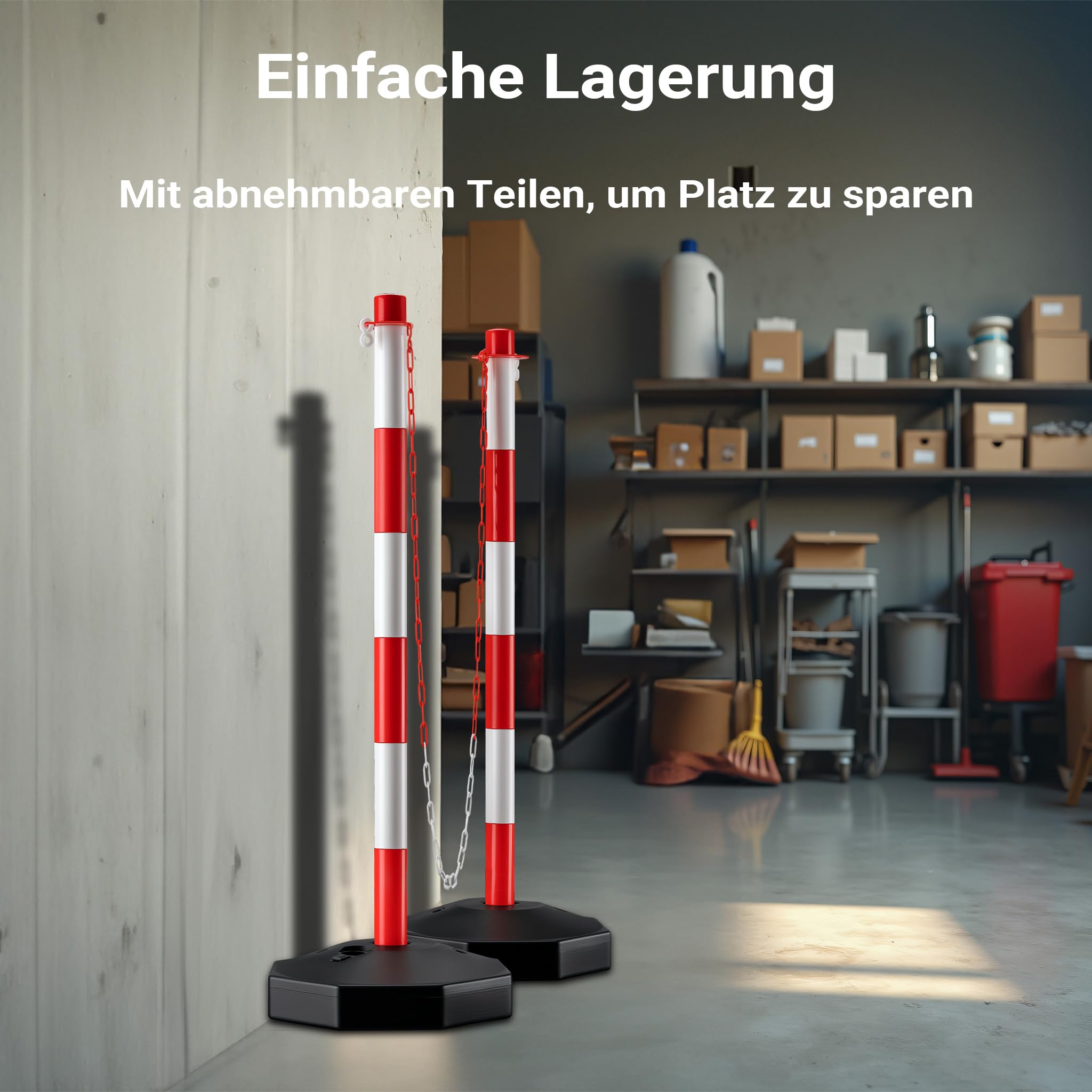 Wiltec mobile Parkplatz Absperrung 80 x 28 x 28 cm, Sperrpfosten mit 1,4 m langer Kette, rot-weiße Absperrpfosten, Poller für Parkplatz sperren