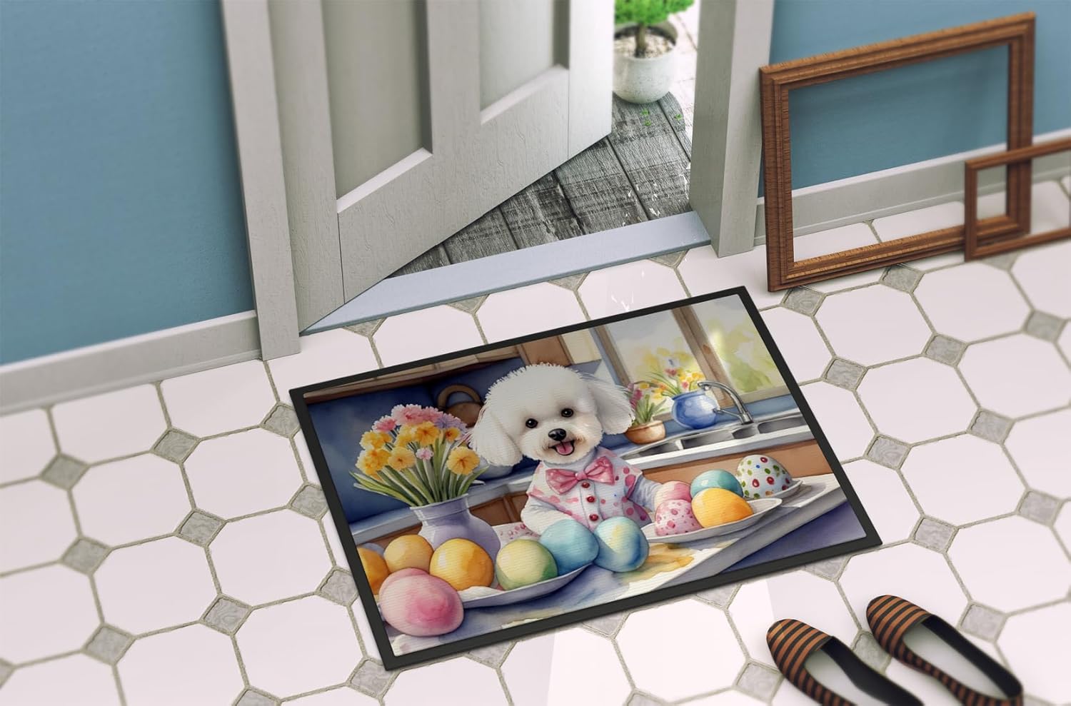 Caroline's Treasures DAC6763JMAT Decorating Easter Bichon Frise Doormat Front Door Mat Indoor Outdoor Rugs for Entryway, Non Slip Washable Low Pile, 24H X 36W