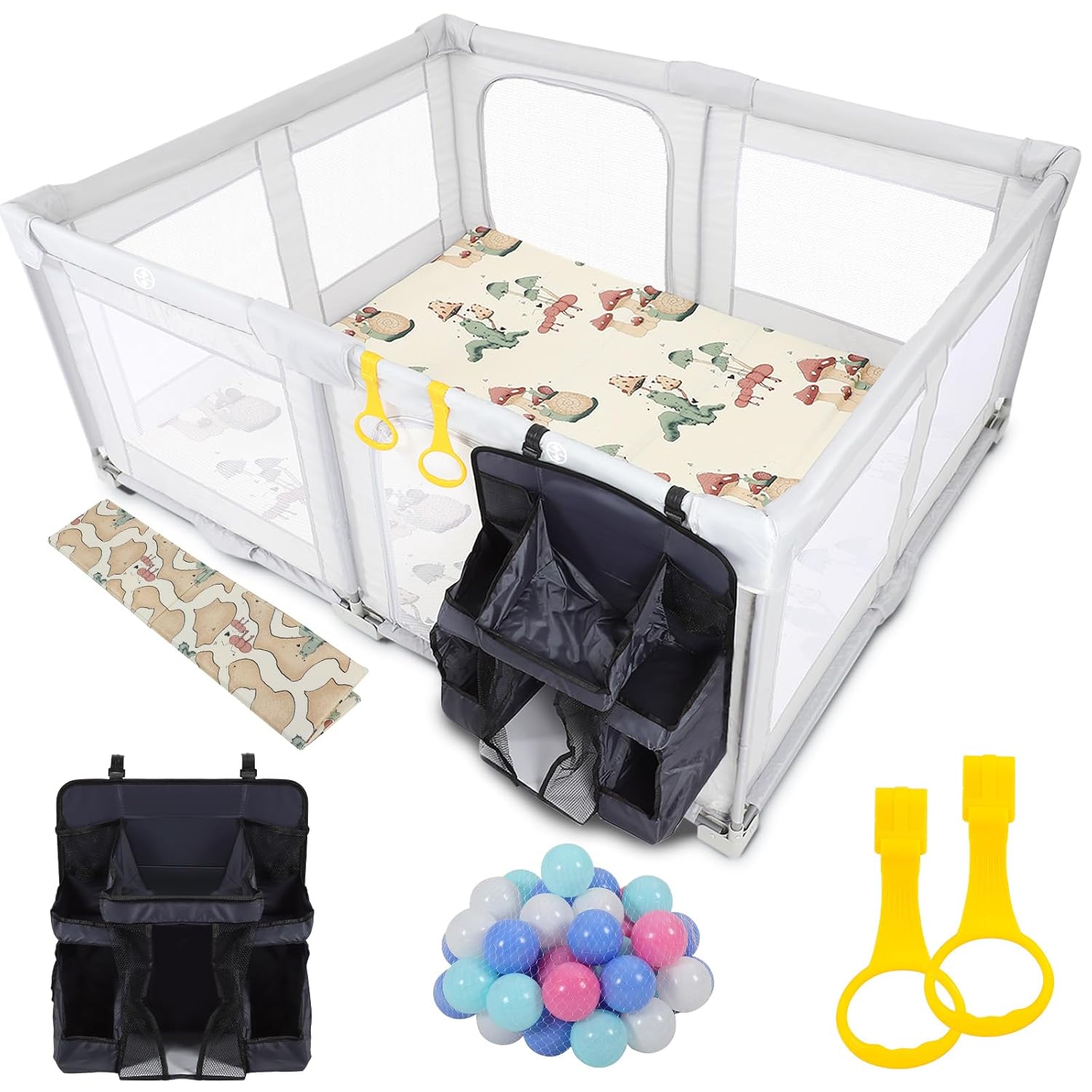 Dollate Extra Large Baby Playpen, Foldable Fence, 59inx59in Portable Baby Playard, Waterproof Washable Play Yard with Storage Bag, Ocean Ball, Climbing Mat, Hoop Grey
