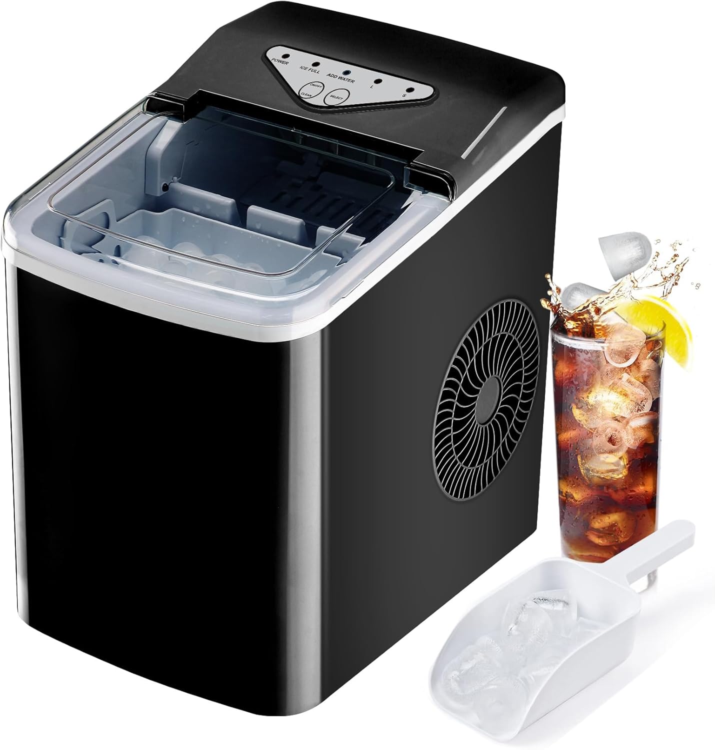 Countertop Ice Maker, 30lbs/24H Small Ice Machine with Self-Cleaning, Portabe Bullet Ice Maker, 9 Cubes in 6 Mins, 2 Size Option, with Ice Basket/Scoop for Home/Kitchen/Bar/RV (Black)
