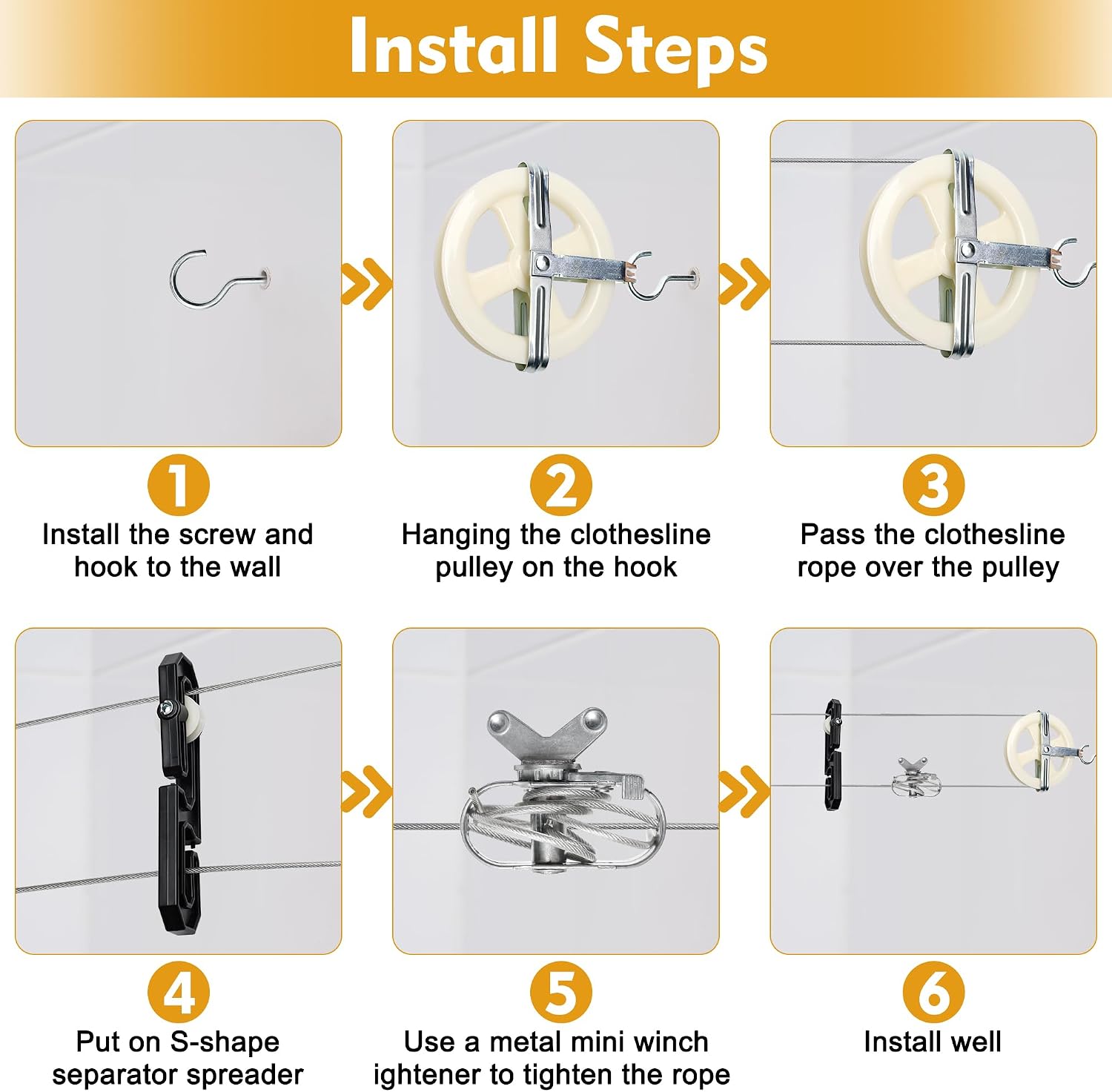 Outdoor Clothesline kit, Coldairsoap 5" Nylon Clothesline Pulley kit, 150ft Clothesline Rope, Winch Tightener, S-Separator Spreader, Metal Hooks, Expansion Screw