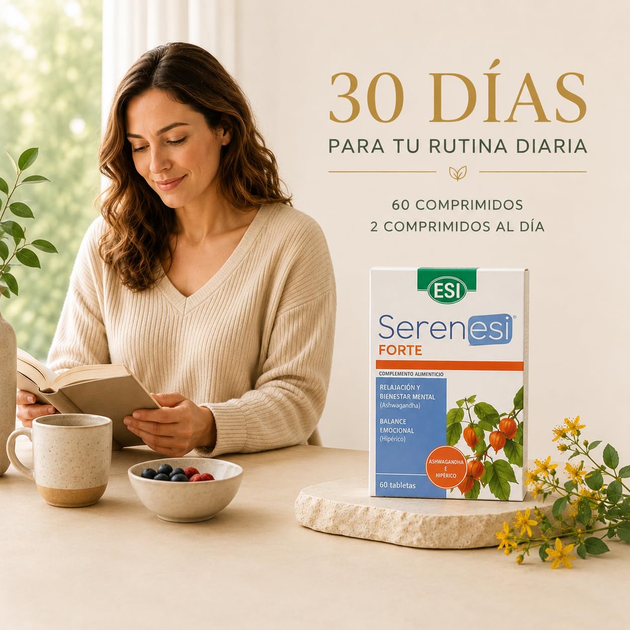 ESI Serenesi Forte - Hipérico, Ashwagandha y Magnesio - 60 Comp - Pack 2 | Complemento alimenticio para adultos en formato bote. El magnesio contribuye a la función psicológica normal.
