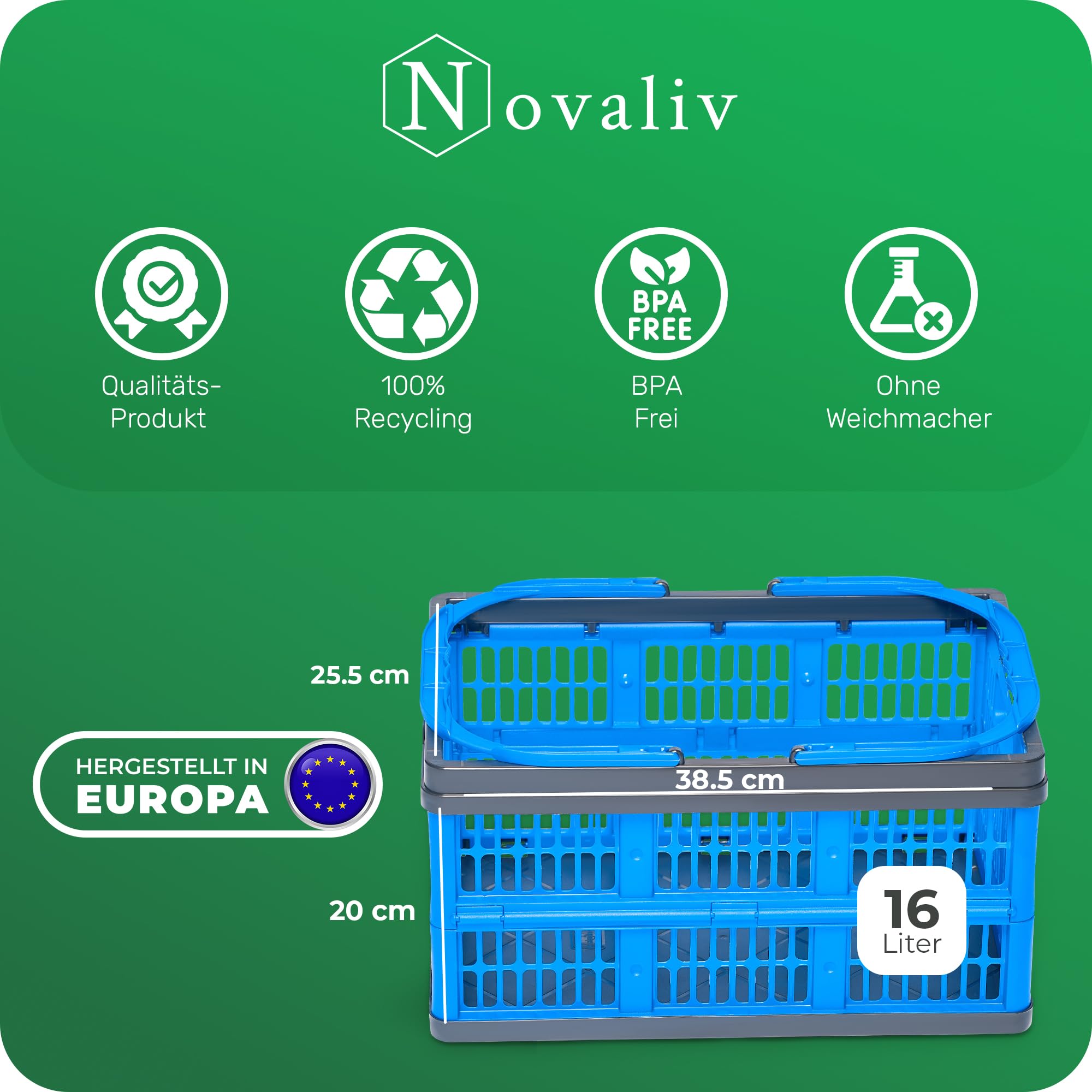 Novaliv Klappbox Blau 8er Set - 16L Faltkorb mit Henkeln - Vielseitiger Einkaufskorb - Praktische Aufbewahrungsbox