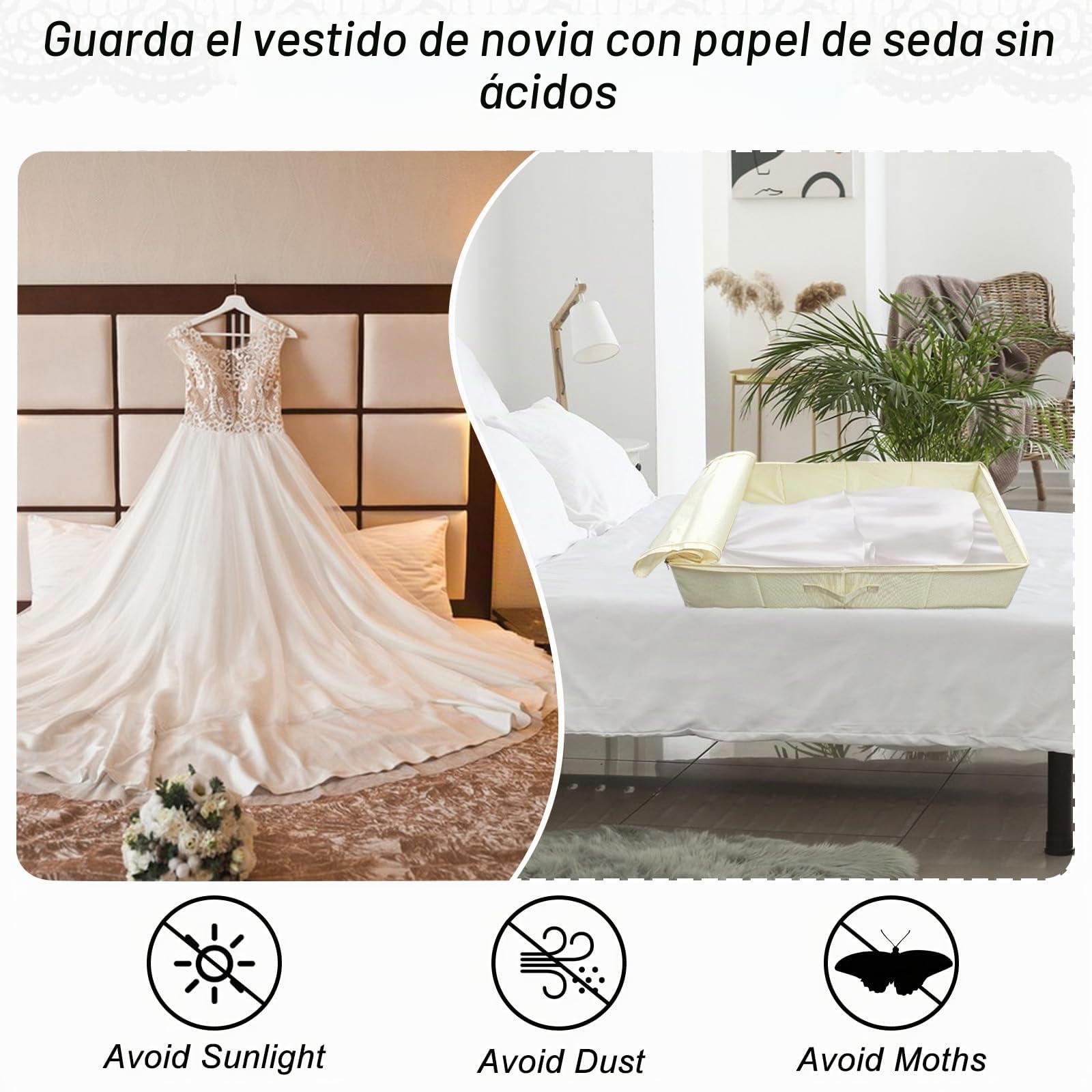 Caja de almacenamiento para vestido de novia Sibosen, caja de preservación con 40 hojas y 1 par de guantes de microfibra de papel de seda sin ácido para kit de almacenamiento de vestido de novia