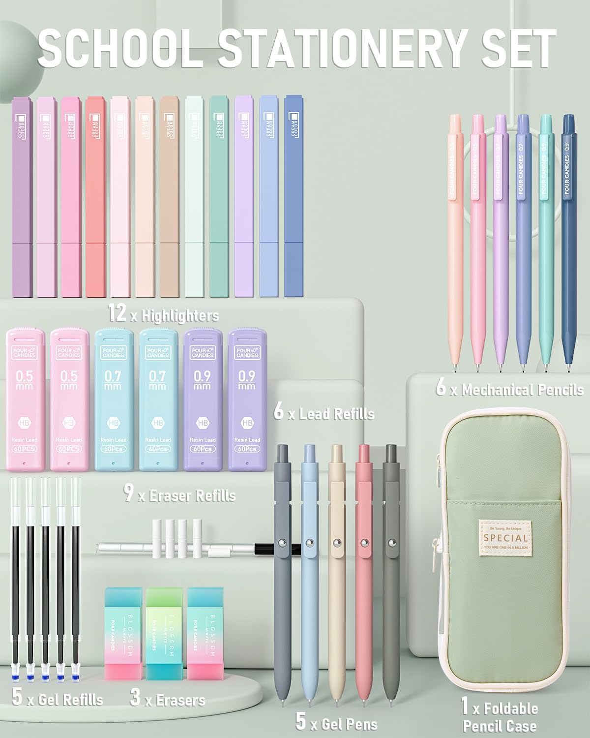 Four Candies 39 PCS Aesthetic School Supplies with Cute Pen Case, 12 Pastel Highlighters, 5 Black Ink Gel Pens, 6 Mechanical Pencils Set for Students Stationary College Essentials (Green) - Image 6