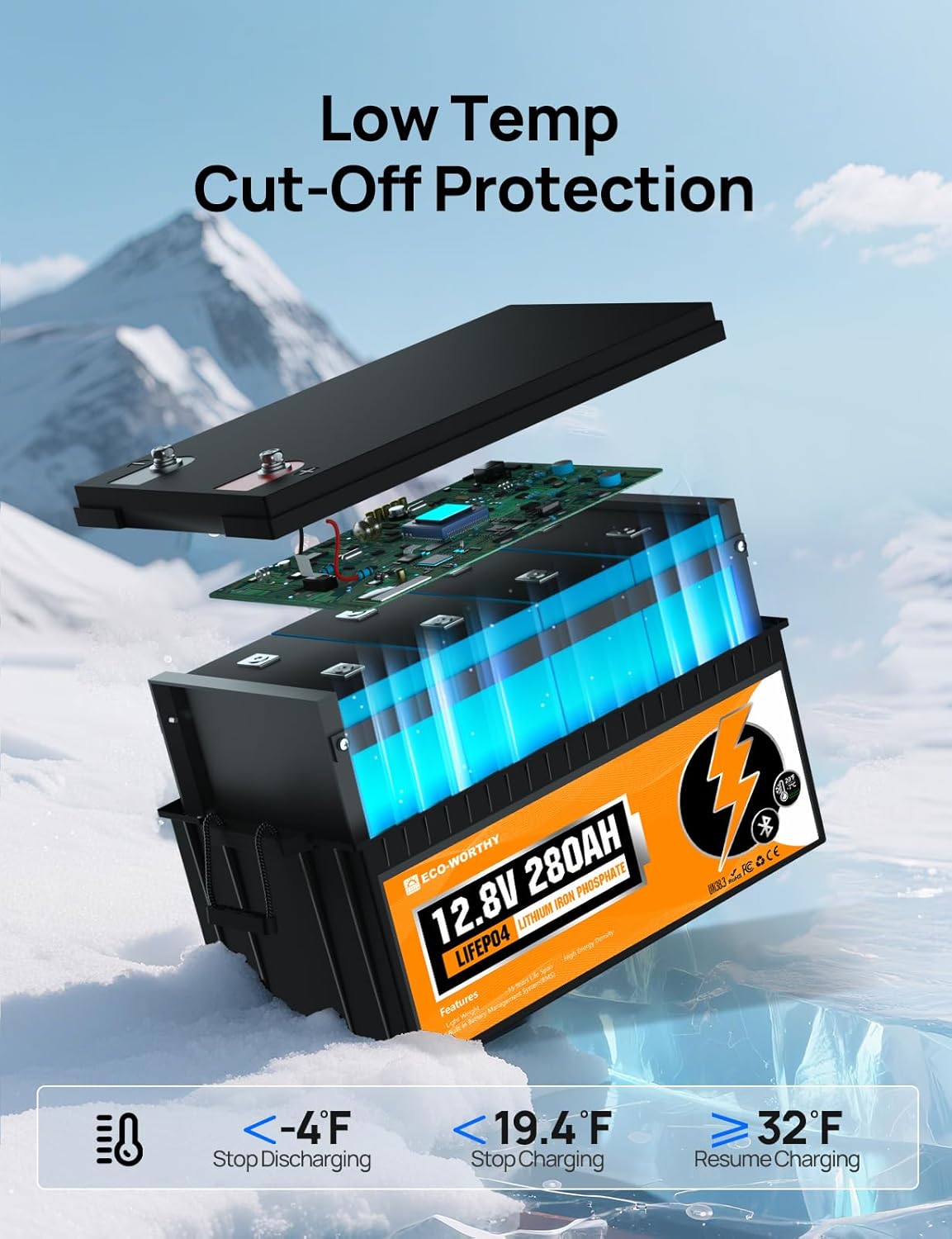 ECO-WORTHY 12V 280Ah 2 Pack LiFePO4 Lithium Battery with Bluetooth, Low Temp Protection, Built-in 200A BMS, 3584Wh Energy. Perfect for Off-Grid, RV, Solar System, Camper, Travel Trailer, Backup System