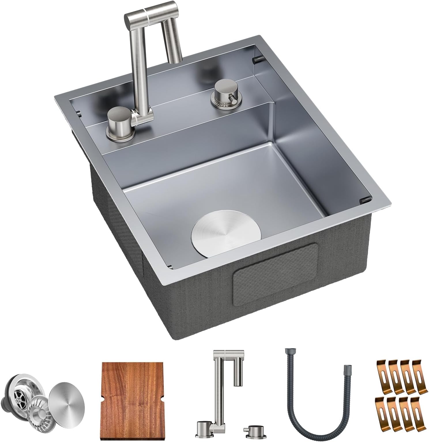 TORVA RV Kitchen Sink, 15 x 18 x 7 Inch Undermount Bar Sink 16 Gauge Stainless Steel Single Bowl Sink with Foldable Faucet Cutting Board, Grey