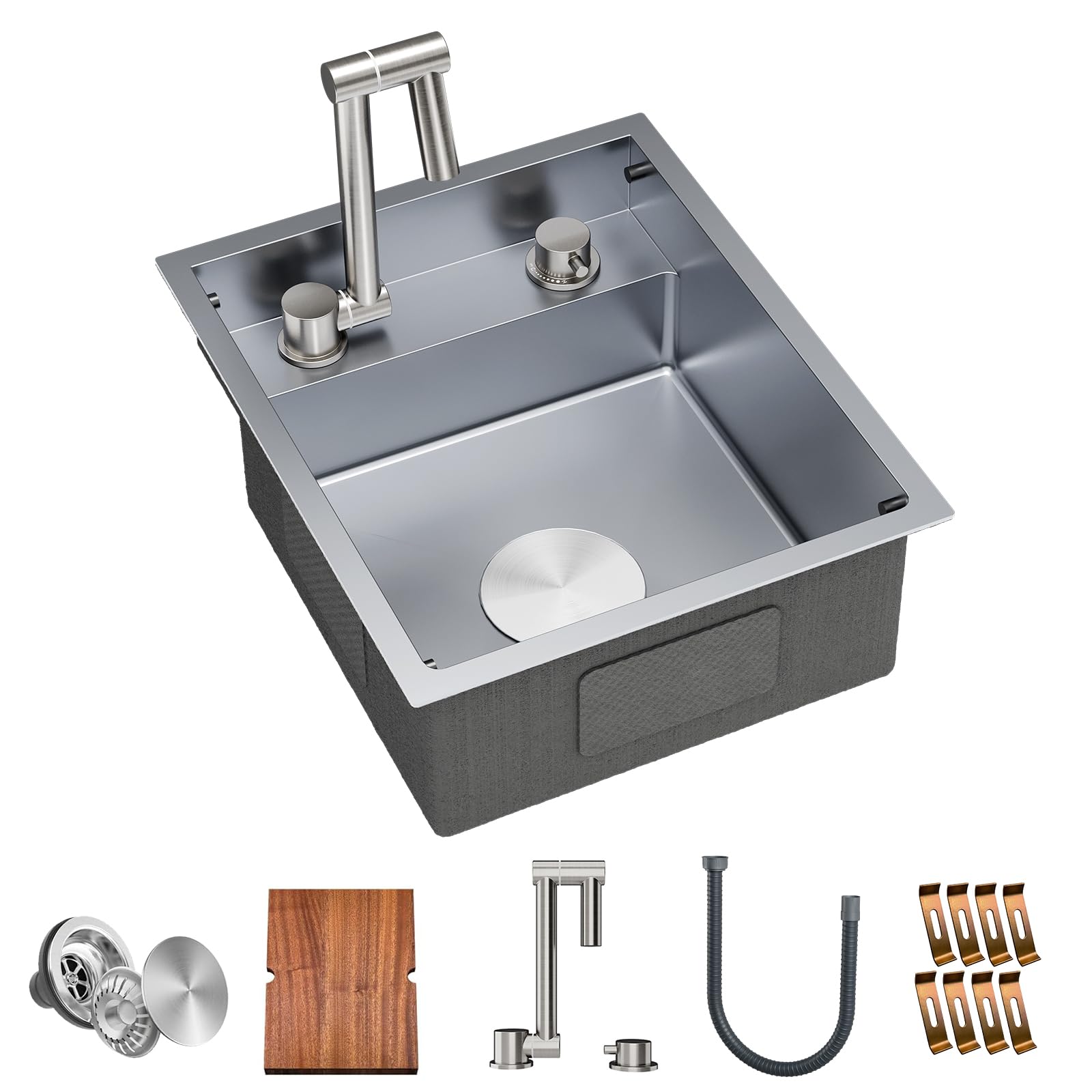 TORVA RV Kitchen Sink, 15 x 18 x 7 Inch Undermount Bar Sink 16 Gauge Stainless Steel Single Bowl Sink with Foldable Faucet Cutting Board, Grey