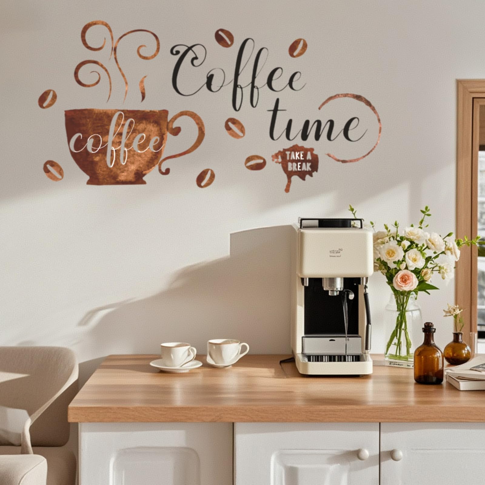 Coffee Tea Cup Wall Stickers Murals Coffee Beans Vinyl Wall Decals Time Quotes Wall Art DIY Peel and Stick Home Decor for Kitchen Cafe Shop Cafe Station Pub Restaurant Office