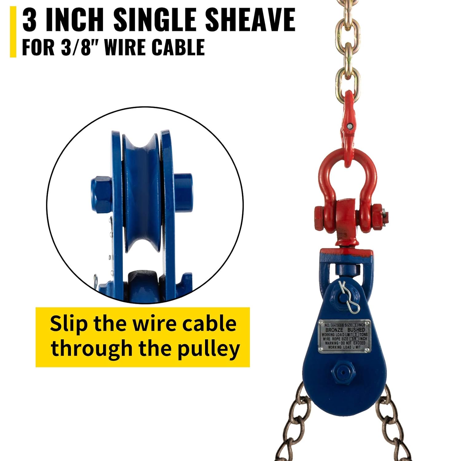 VEVOR 2ton Snatch Block with Chain, 4400 lbs Capacity Snatch Rigging Block, 3'' Single Sheave Block w/Swivel Hook, G70 Chain, Fit 3/8'' Wire Cable Heavy Duty for Pulling Wrecker Roll Back Recovery: Industrial & Scientific