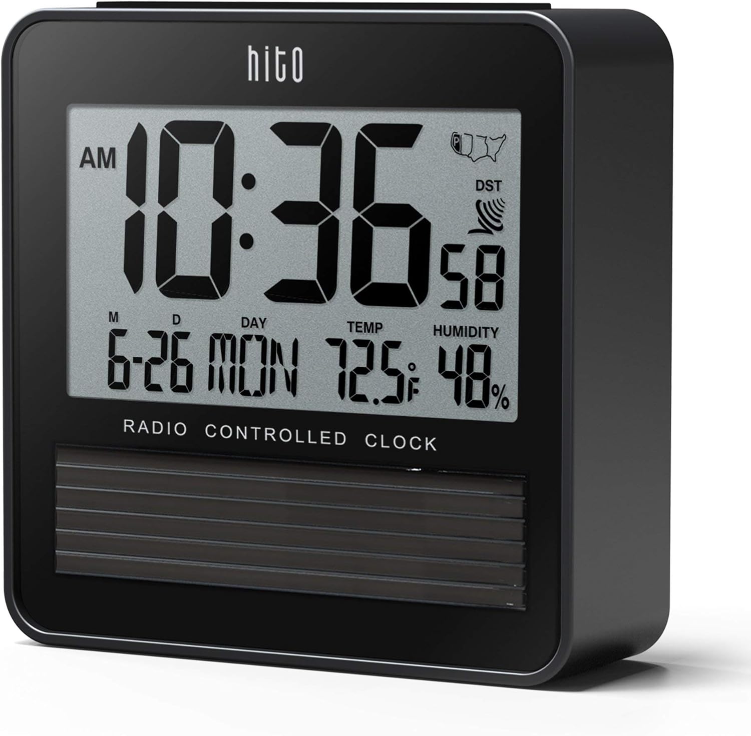 HITO HT8374 Atomic Travel Alarm Clock front view showing time, date, temperature, and humidity