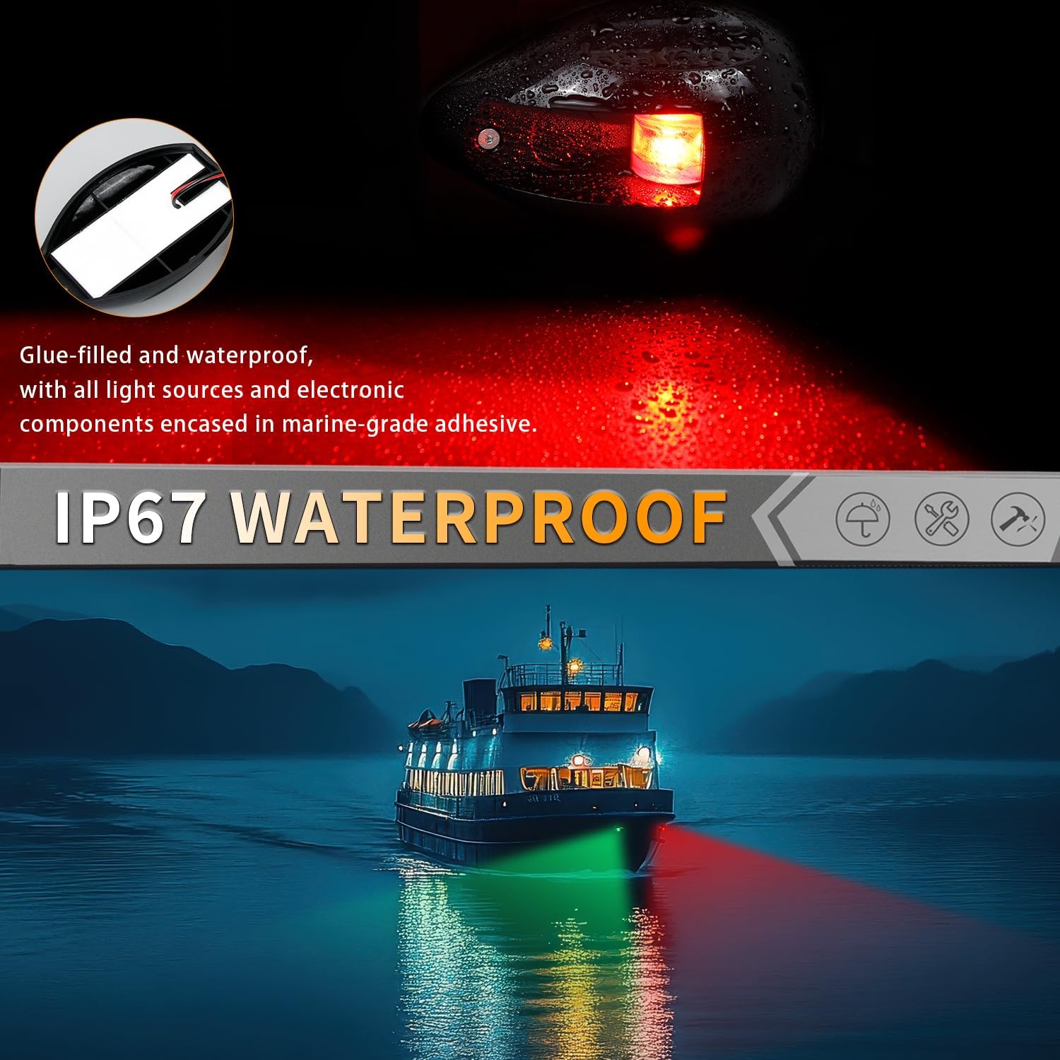HERCOO Boat Navigation Lights LED Bow Lights for Boats, IP67 Waterproof Red and Green Marine Navigation Lights for Bow & Stern，Ideal for Pontoon, Yacht, Power Boat - Black
