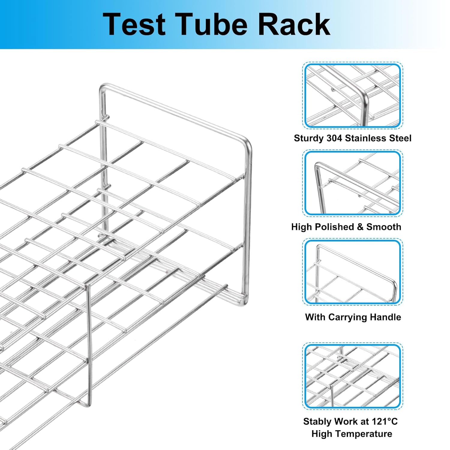 PATIKIL 24 Holes Tube Rack, 27mm Square Hole 304 Stainless Steel 3 Layer Tube Holder Stand with Handle Suitable for 27mm Dia Tube for Lab Scientific Experiments