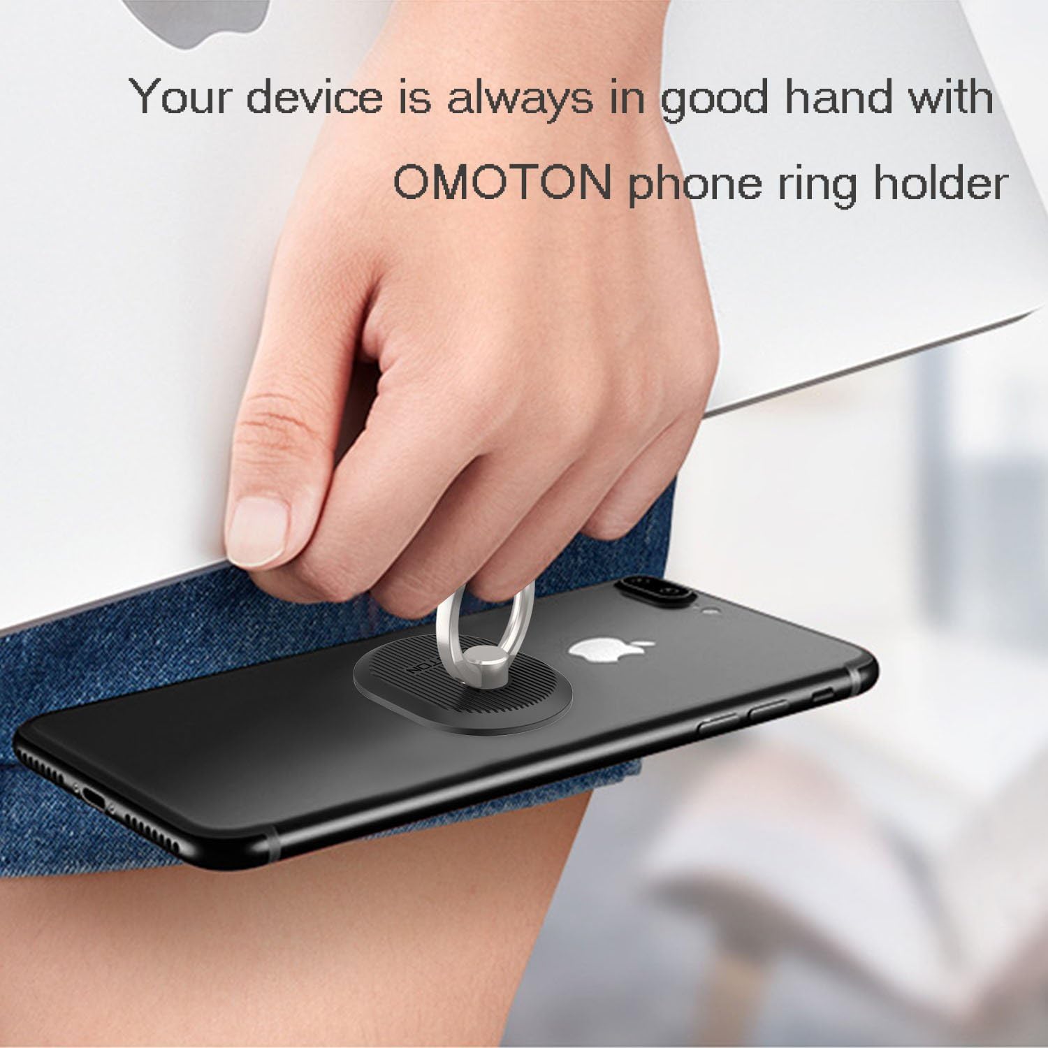 Phone Ring Stand Holder [2 Pack] - OMOTON Universal Cell Phone Grip Kickstand with 360 Degree Rotation Ring for and Almost All Phones/Cases - Black/Rose Gold