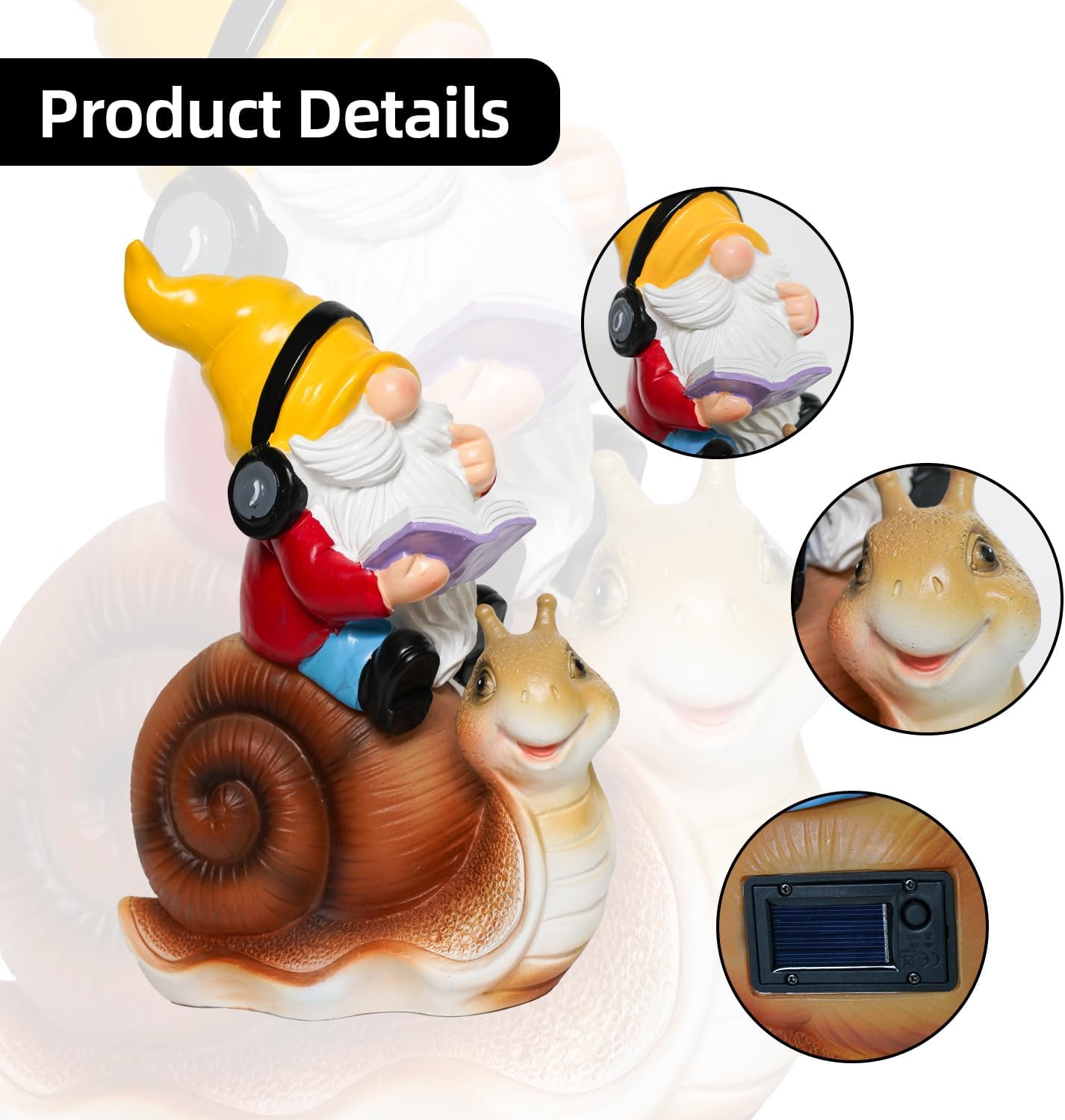 Ferrisland Solar Garden Gnome Statue with LED Lights, Reading Gnome Wearing Headphones Riding Snail Figurine, Waterproof Resin Outdoor Decor for Patio Yard Lawn, Funny Whimsical Garden Ornament Gift