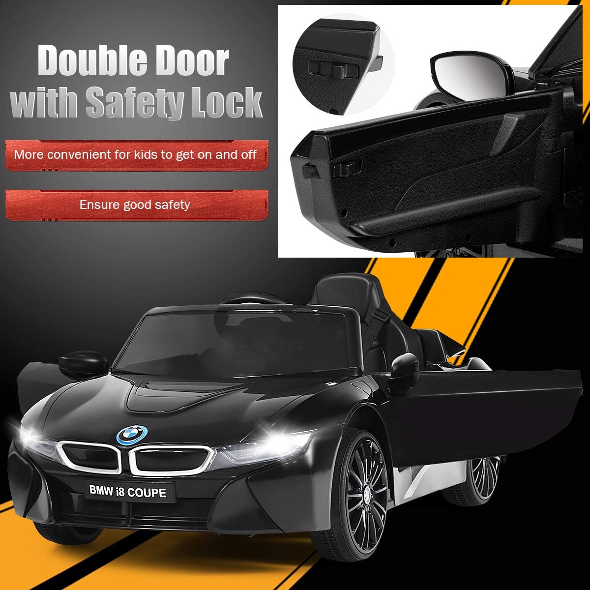 Costzon Ride on Car, Licensed BMW i8, 12V Battery Powered Electric Vehicle w/ 2 Motors, 2.4G Remote Control, 3 Speeds, LED Lights, MP3, Horn, Music, Spring Suspension, Kids Car to Drive (Black) : Toys & Games