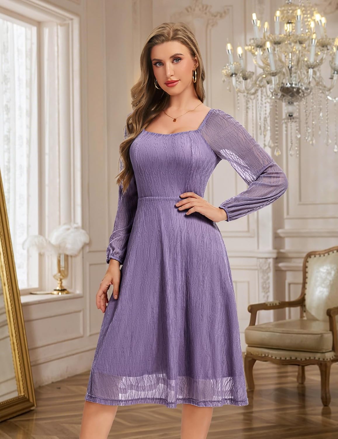 Bbonlinedress Formal Wedding Guest Dress Square Neck Lace Cocktail Dress Bridesmaid Long Sleeve A-Line Midi Tea Prom Gown - Image 5