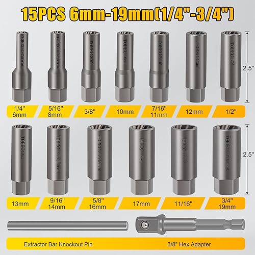 Miniatura 3 de Topec Kit de extractor de pernos profundos de 15 piezas, juego de enchufes extractores de tuercas de 0.236 a 0.794 pulgadas, removedor de pernos
