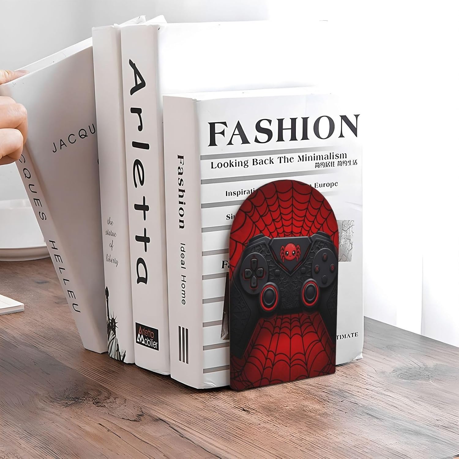 Wood Bookends for Shelves, Gamepad Red Spider Web Decorative Non-Slip Book Ends for Office Home Decor, Aesthetic Book Stands/Holder/Stopper, Desk Organizers, Book Dividers