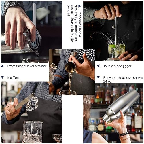 Miniatura 6 de RMENST Juego de coctelera con soporte, kit de barman de acero inoxidable con 10 piezas de acero inoxidable, kit de barman de barra de herramientas