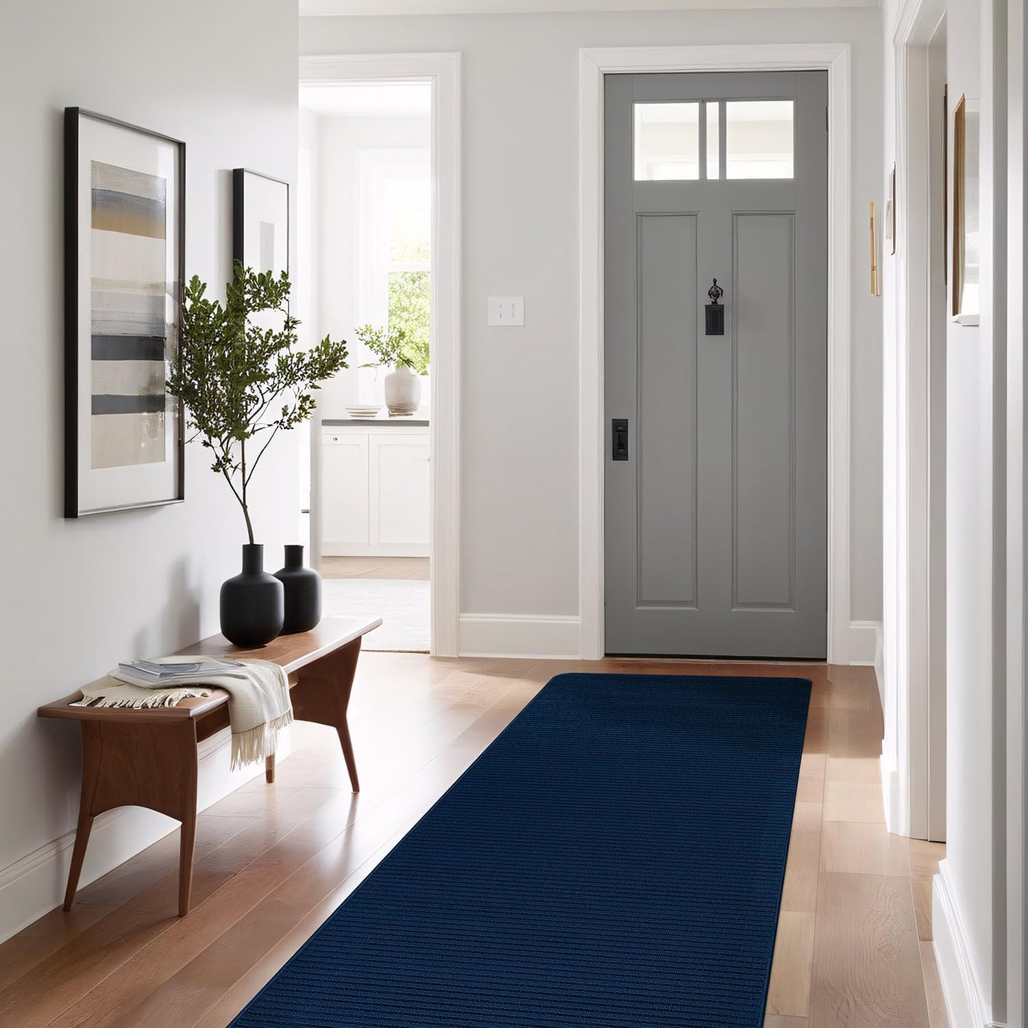 Beverly Rug Non-Slip Modern Runner Rug 2x7 Solid Traditional Rubber Backing Non Skid Soft Thin Indoor Area Rugs for Living Room Stain Resistant Non Shedding Casual Carpet (2 x 7 Navy Blue)