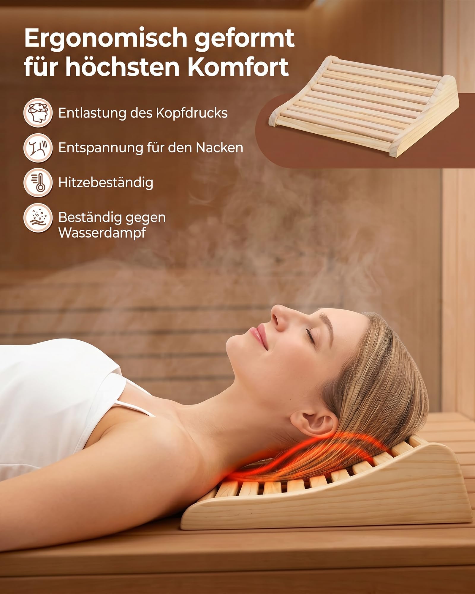 2 Stück Sauna Kopfstütze Holz, Ergonomisches Saunakopfstütze mit Anti-Rutsch Basis & Optimale Belüftung, 37x33x10cm Kiefernholz Nackenstütze für Finnische Sauna, Infrarotkabine & Dampfbad