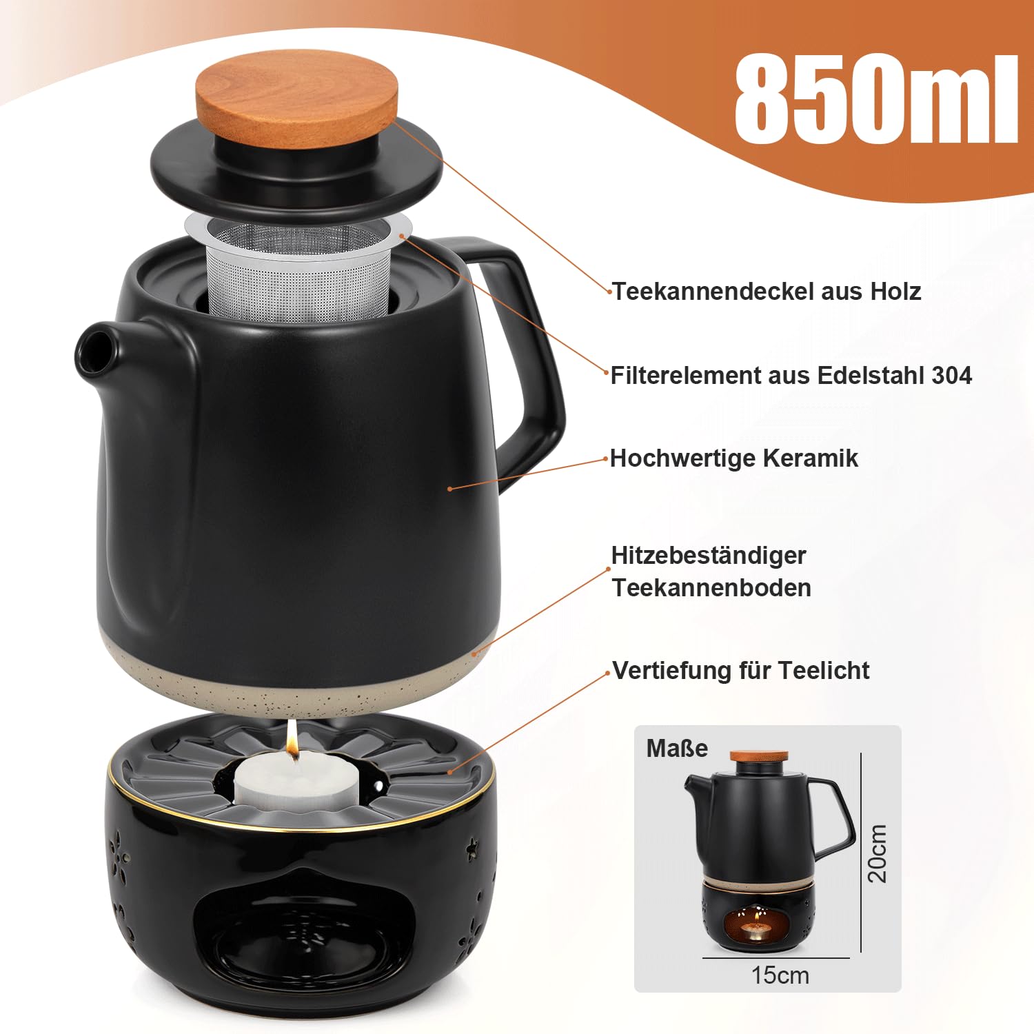 Teekanne Keramik mit Siebeinsatz und Stövchen 850ML, Teekanne mit Sieb Herausnehmbar-Schwarz