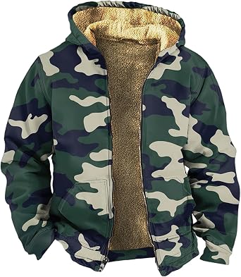 Camo Hoodie Mens Full Zip Sherpa Sweatshirts Fleece Hoodies Heavyweight Jackets Plus Size Warm Thick Coat With Pocket