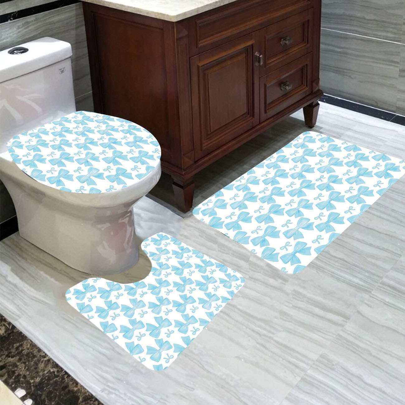 4 Pcs Teal Bow Shower Curtain Set, Girls Bathroom Set with Shower Curtain and Rugs Aesthetic Girly Bathroom Decor for Girls Women Teens Accessory with Mats Toilet Lid Cover 12 Hooks image 3