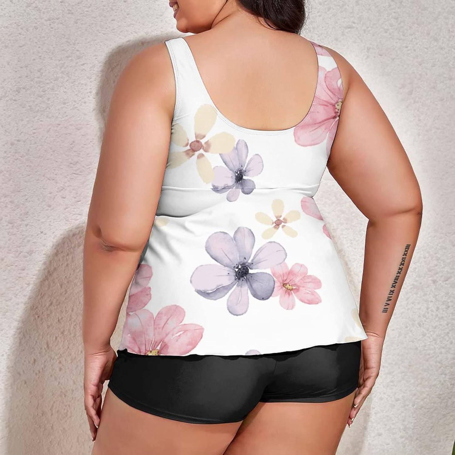 Plus Size Tankini Swimsuit for Women's Pink Floral Flower Seamless Pattern Tankini Bathing Suit Tummy Control Swimdress Two Piece Garden Wildflowers Swimsuits with Top/Boyshorts