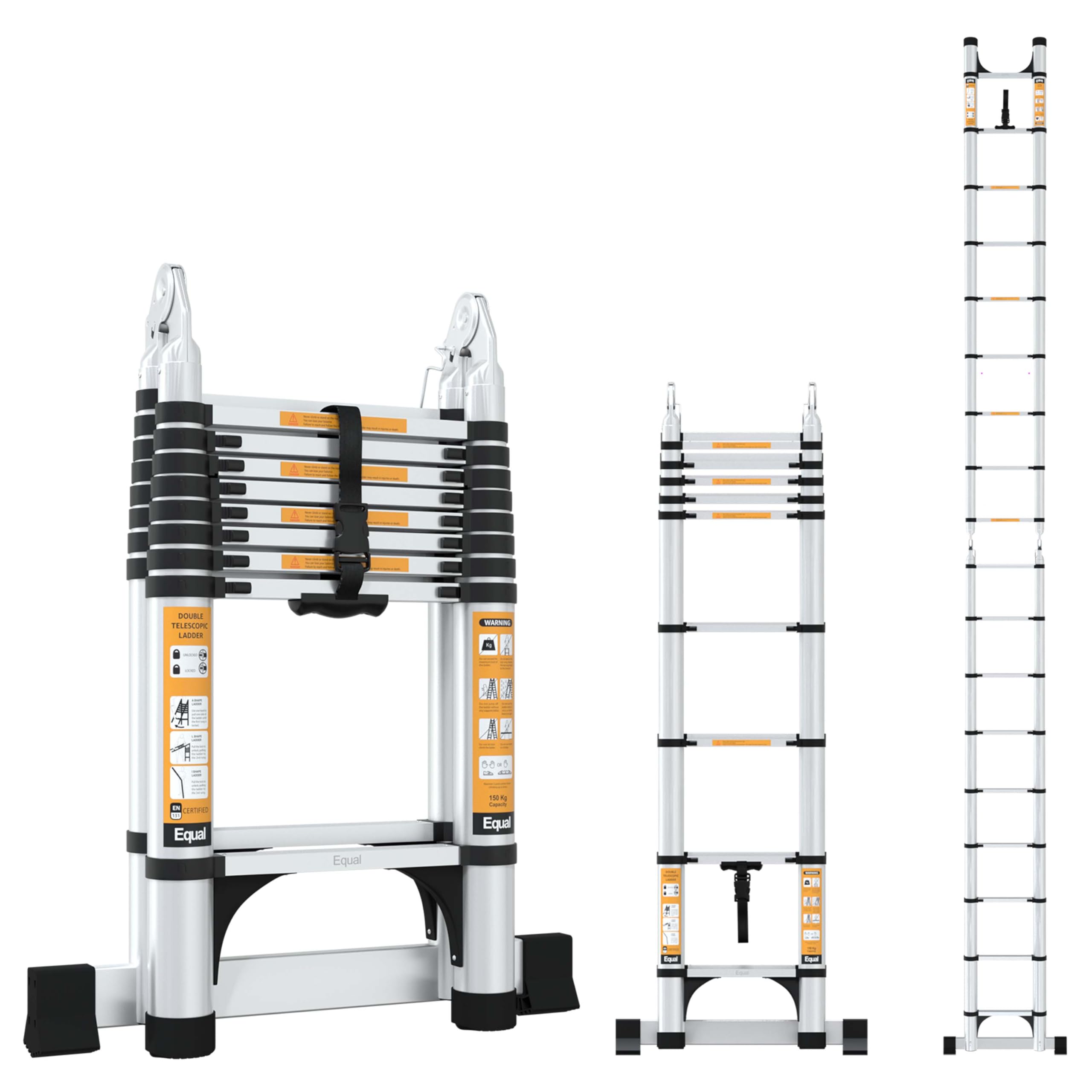 Equal 19 FT A-Type Foldable Aluminium Telescopic Ladder | A-Frame + Extension | 2 Triangle Stabilizers | EN131 Certified | 2-Year Warranty | Heavy-Duty Industrial & Commercial Use (5.6m / 9+9 Steps)