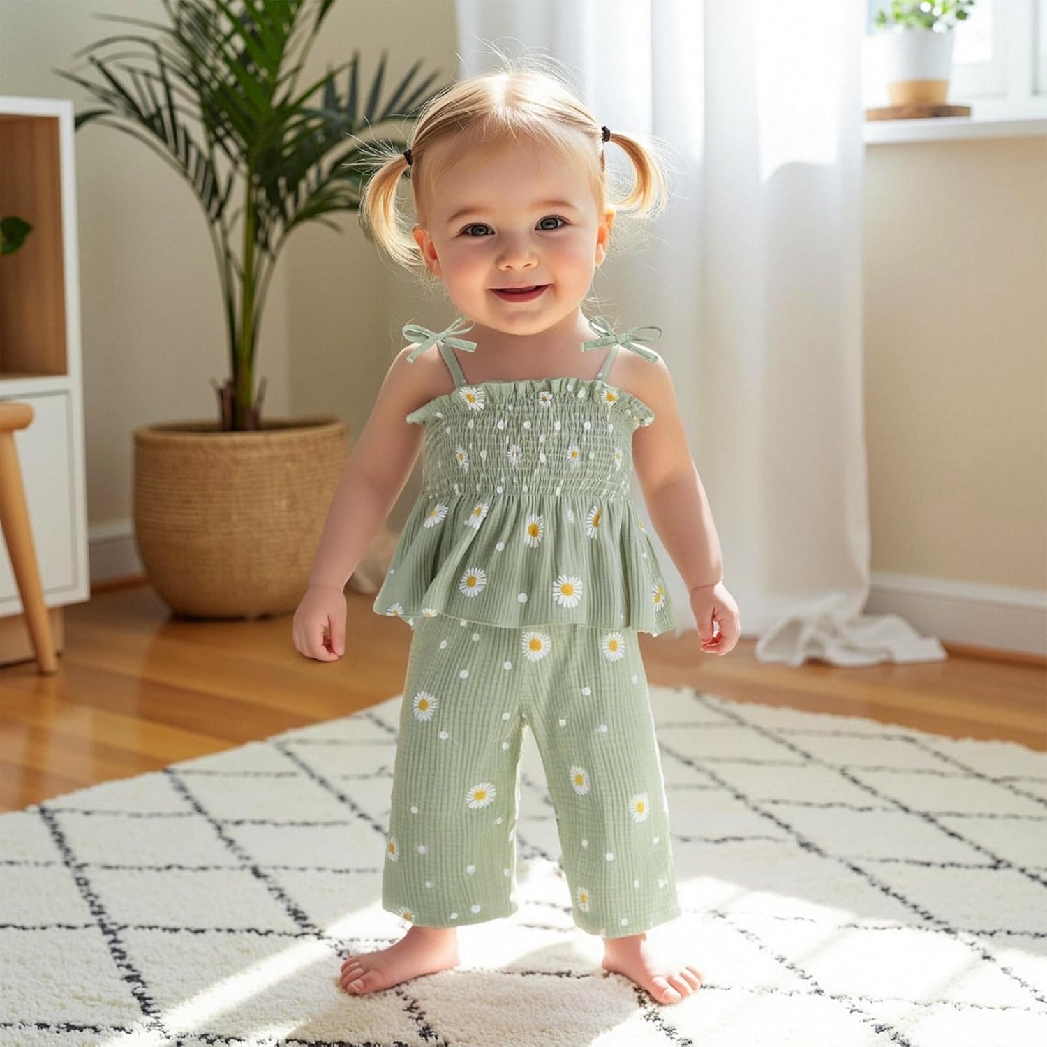 Kaipiclos Toddler Girl Clothes Baby Summer Outfits Daisy Print Sleeveless Smocked Camisole Linen Pants 12 18 24 Month 3T 4T - Image 2
